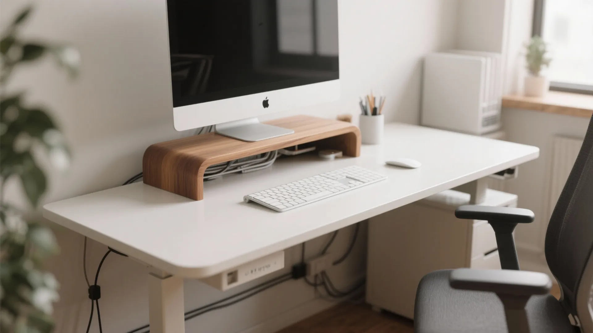 Modern white desk with wooden monitor stand silver computer screen white keyboard and black office chair