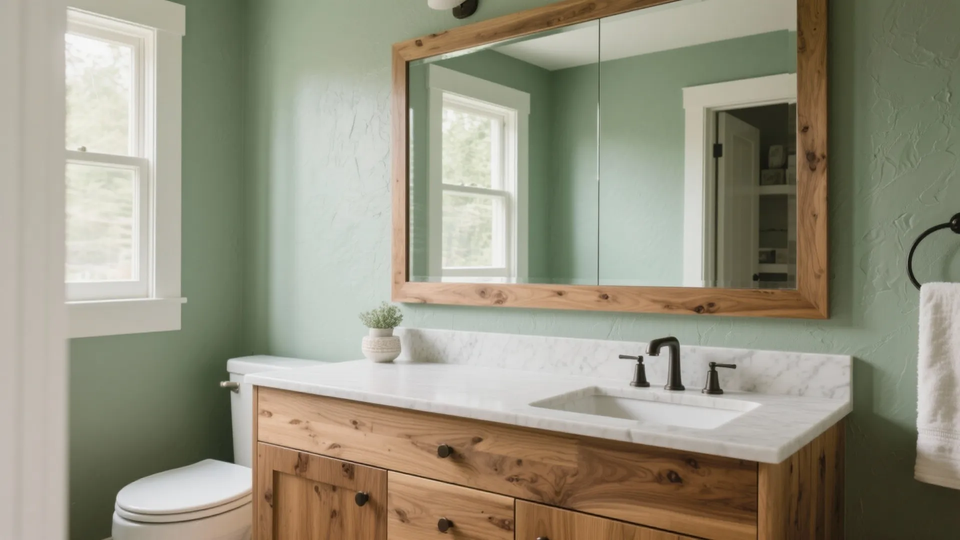 Green bathroom interior featuring a wooden cabinet with marble top mirror toilet and white window