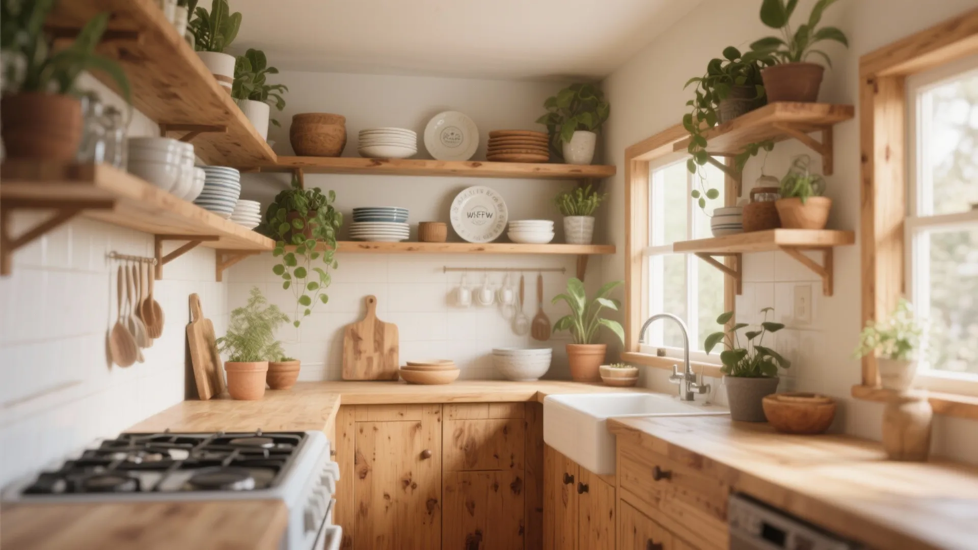 Rustic kitchen with wooden open shelves holding white dishes and green potted plants near window
