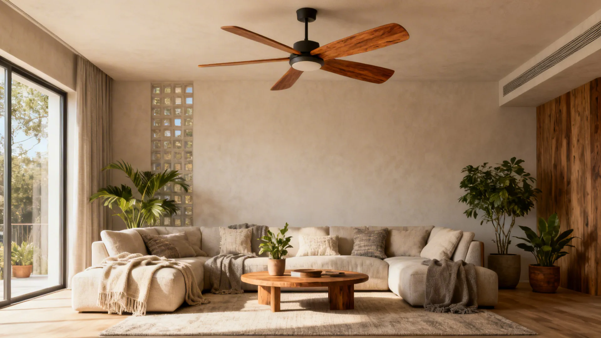 Modern ceiling fan with wood blades above large beige sofa and round wooden coffee table