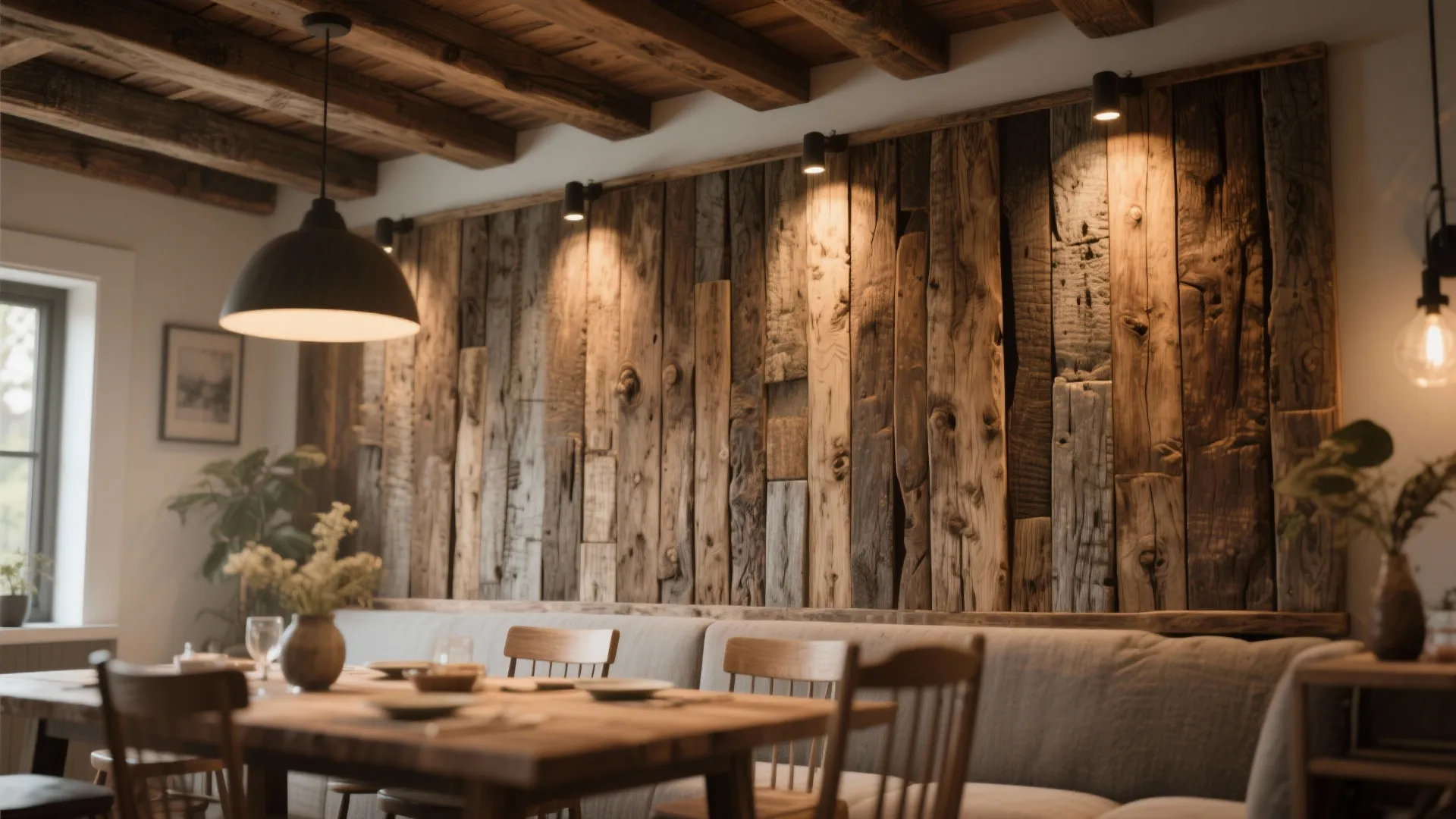 Rustic dining area featuring a textured wood wall panel ceiling beams and warm black pendant light