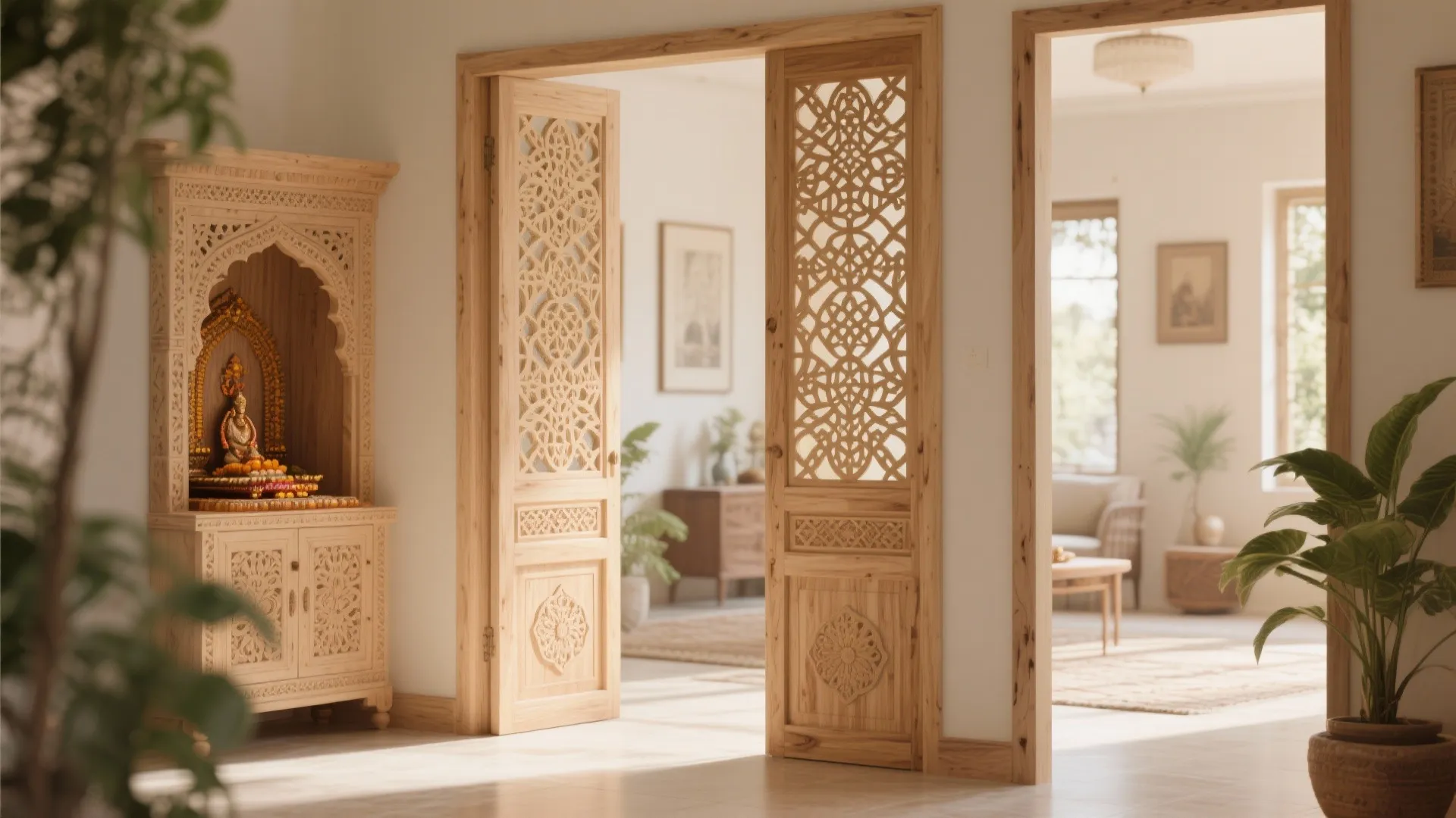 Minimalist Wooden Partition with Carvings