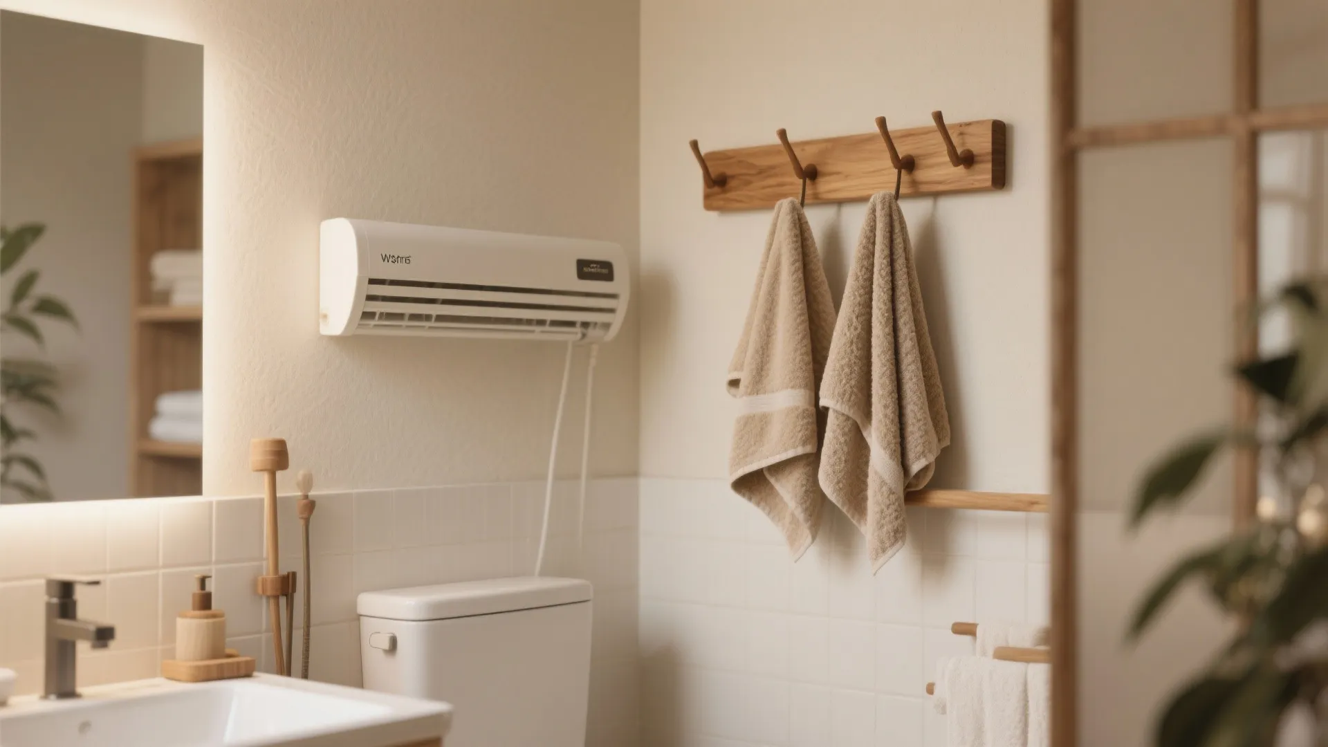 Oak wooden peg rack above heater with towels