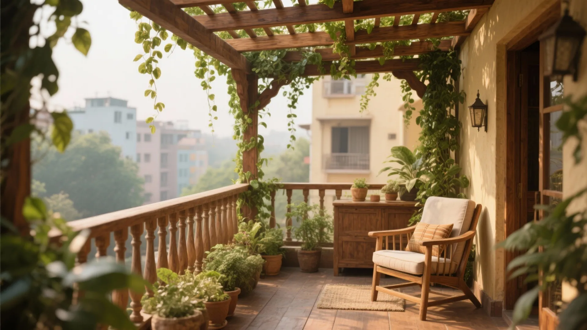 Wooden balcony roof structure with green climbing plants and cozy armchair next to potted flowers