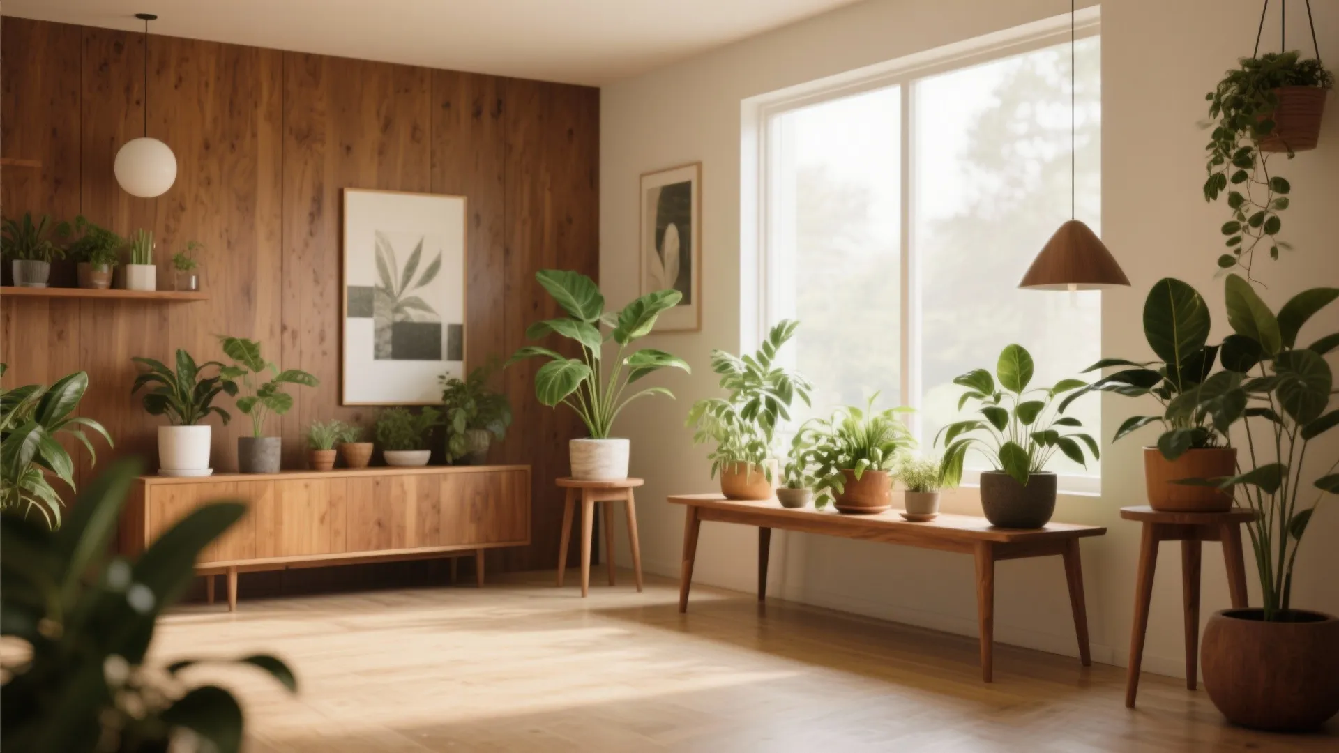 Wooden plant stands with green plants in living room