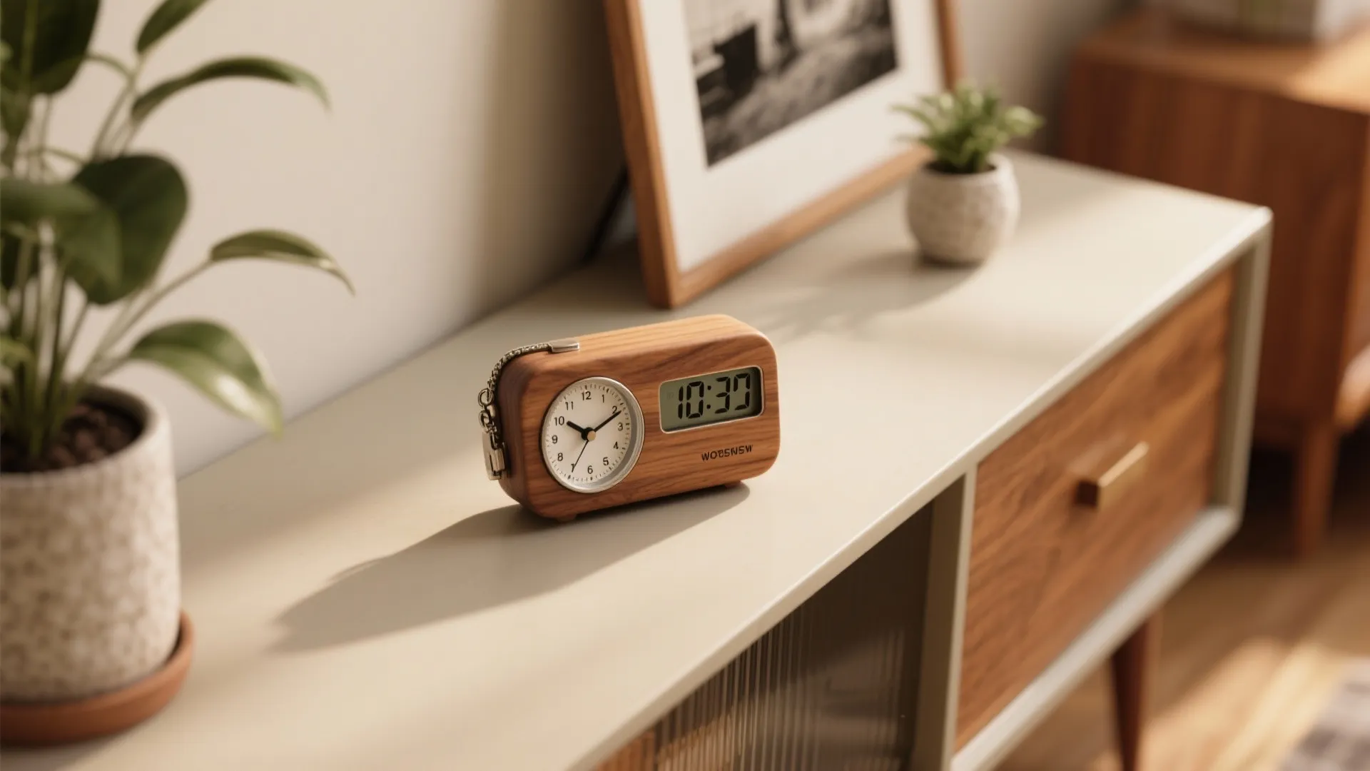 2. Pocket-sized wooden digital clock on a console