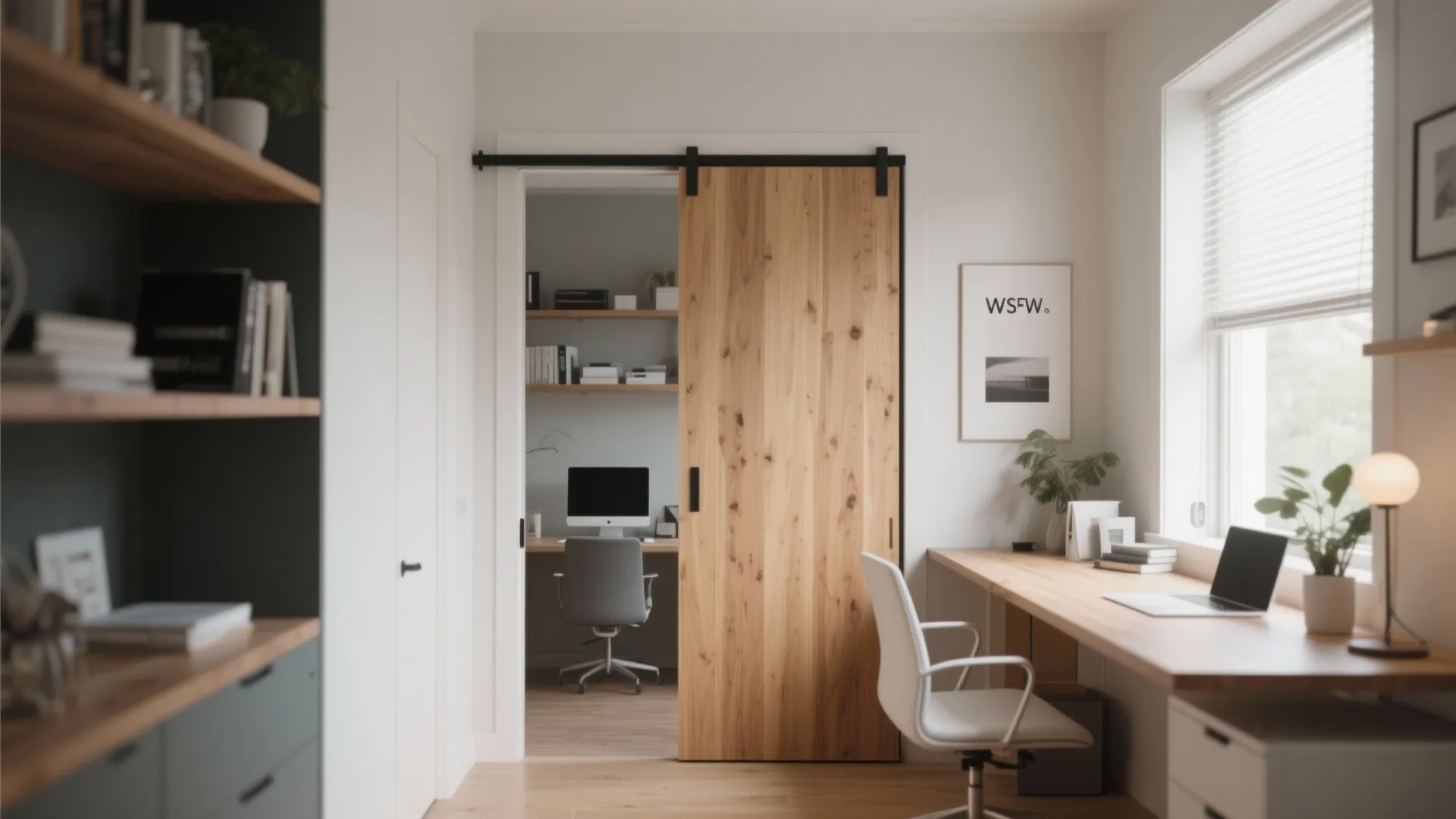 Home office featuring a sliding wood door and long desk next to a bright window