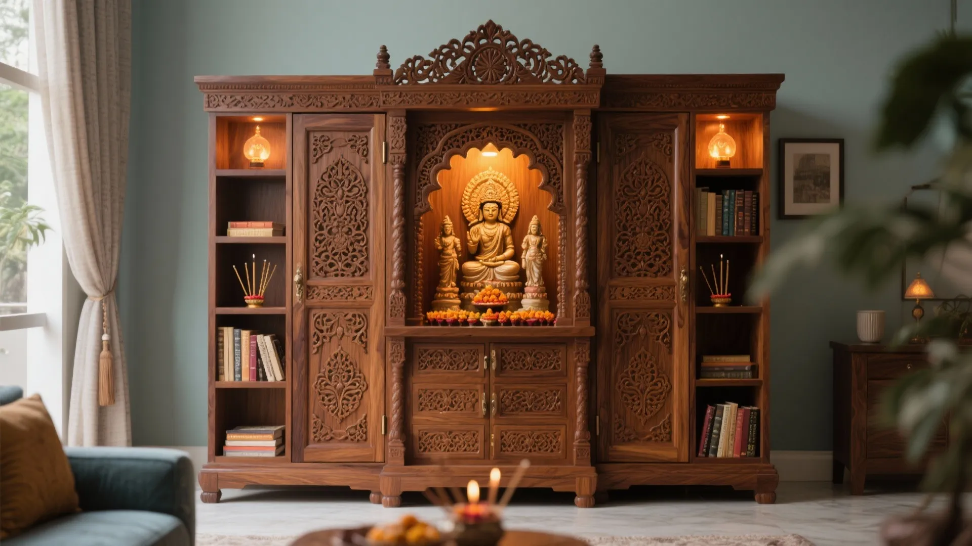 Carved Wooden Pooja Cabinet