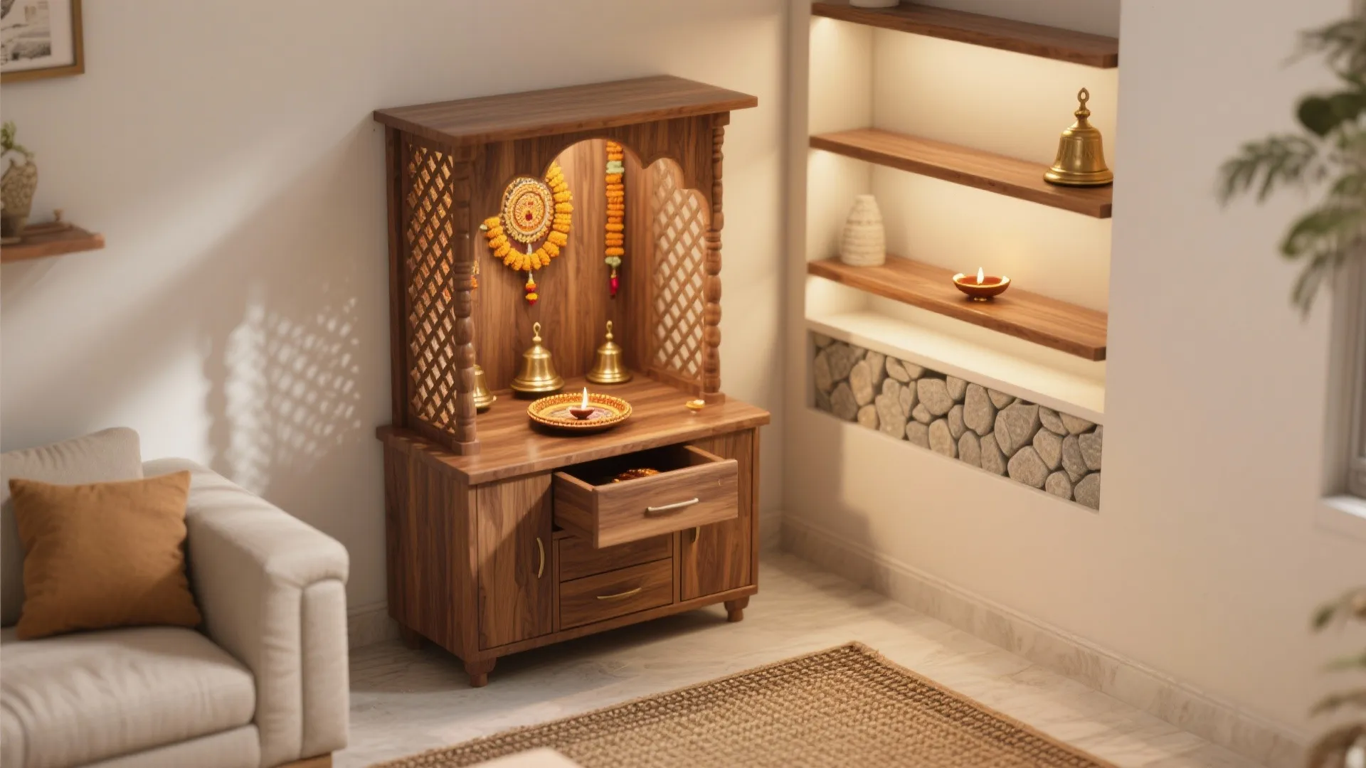 Wooden prayer cabinet with an open drawer in a room corner beside lighted recessed wall shelves