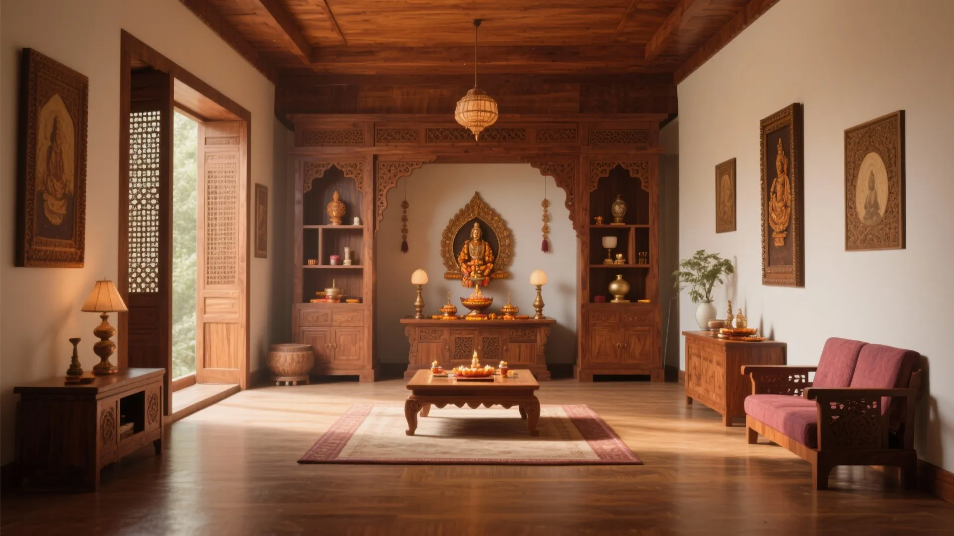Spacious prayer room with wooden ceiling light and matching cabinet furniture under warm natural light