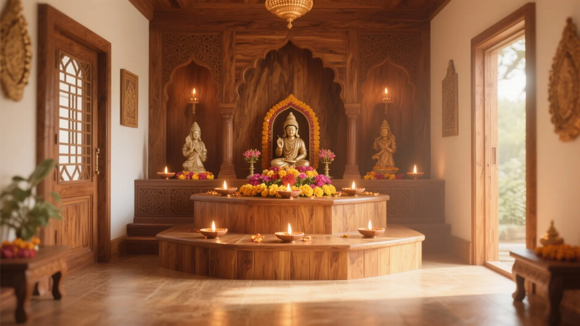 Traditional wooden prayer room with gold statues and oil lamps on a tiered wooden platform