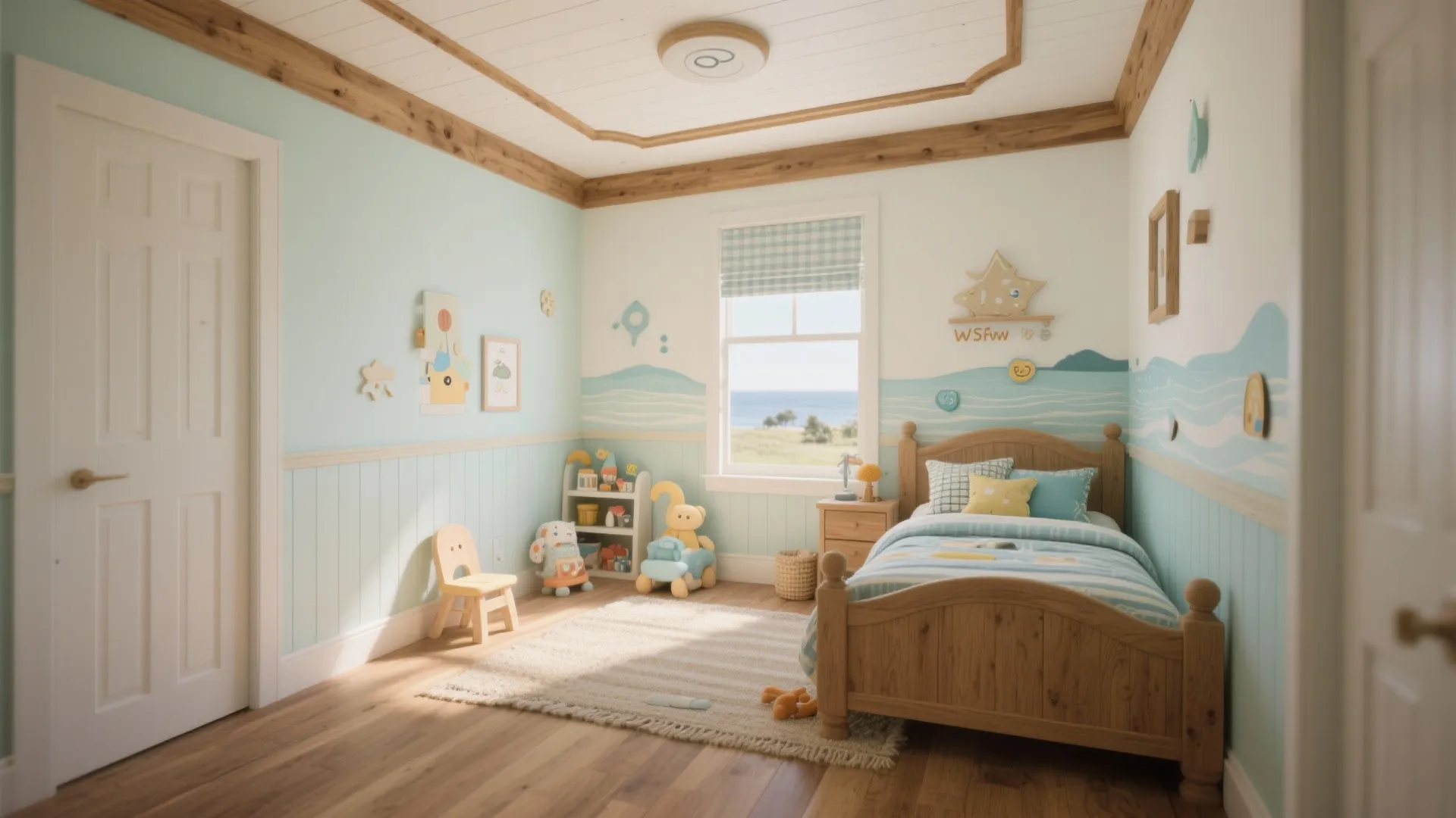 Bright kids bedroom with wooden bed and white ceiling featuring simple light wood border trim