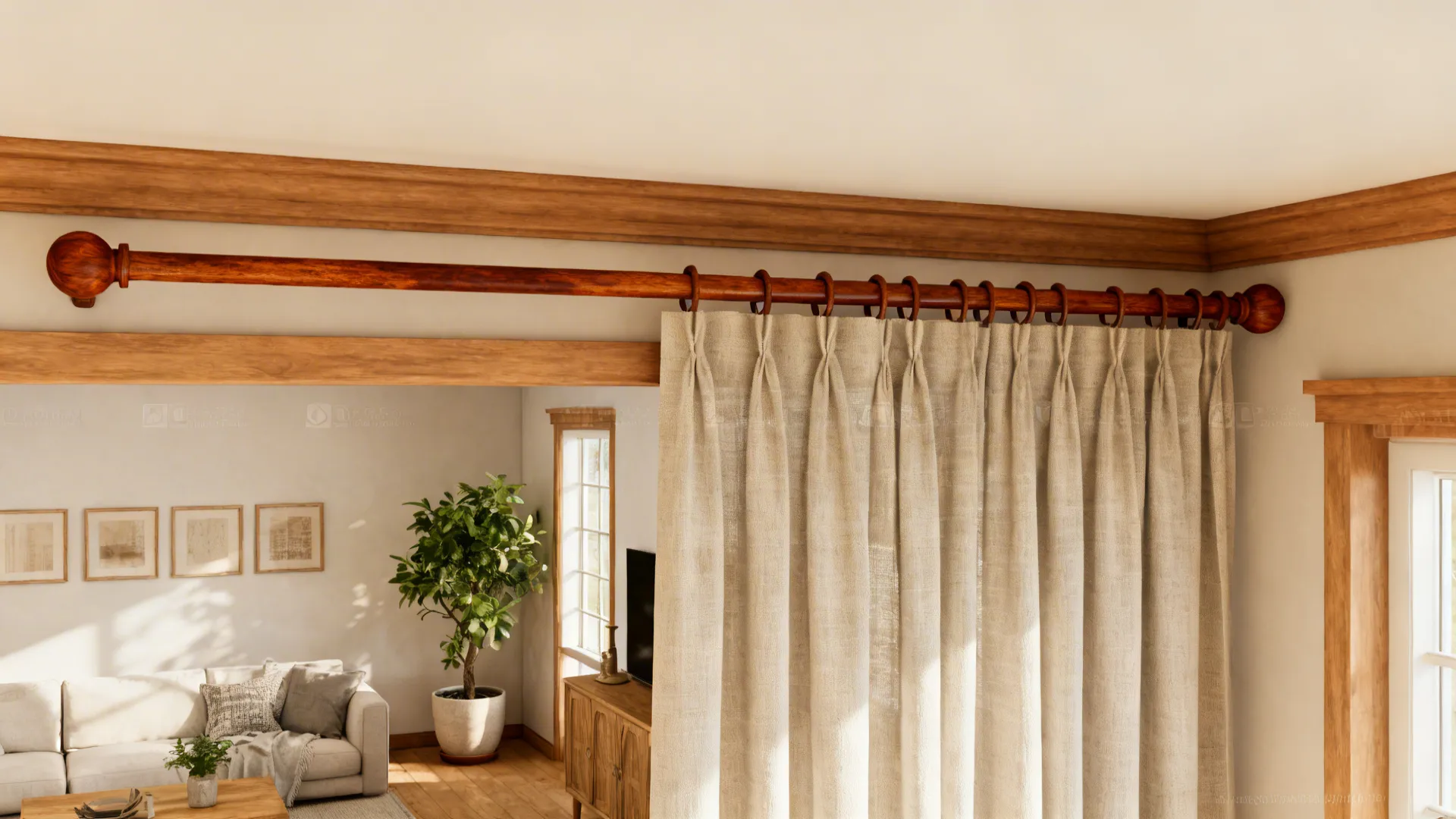 Scandinavian living room with a stained wooden curtain rod and linen panels