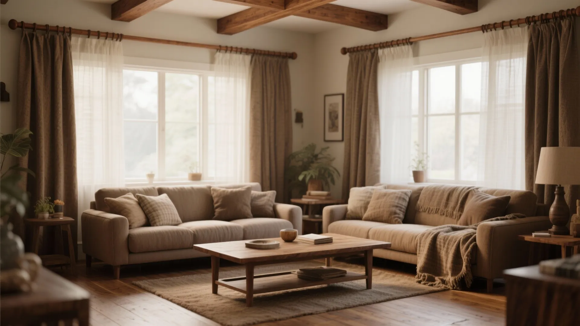 Warm-styled living room with walnut wooden curtain rods