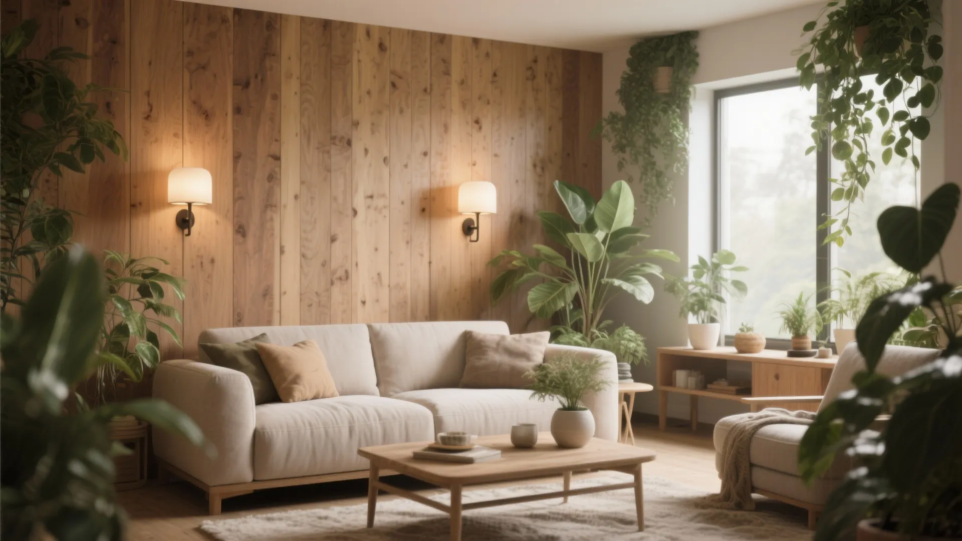 Living room with wooden wall panel and beige sofa plus coffee table and many plants