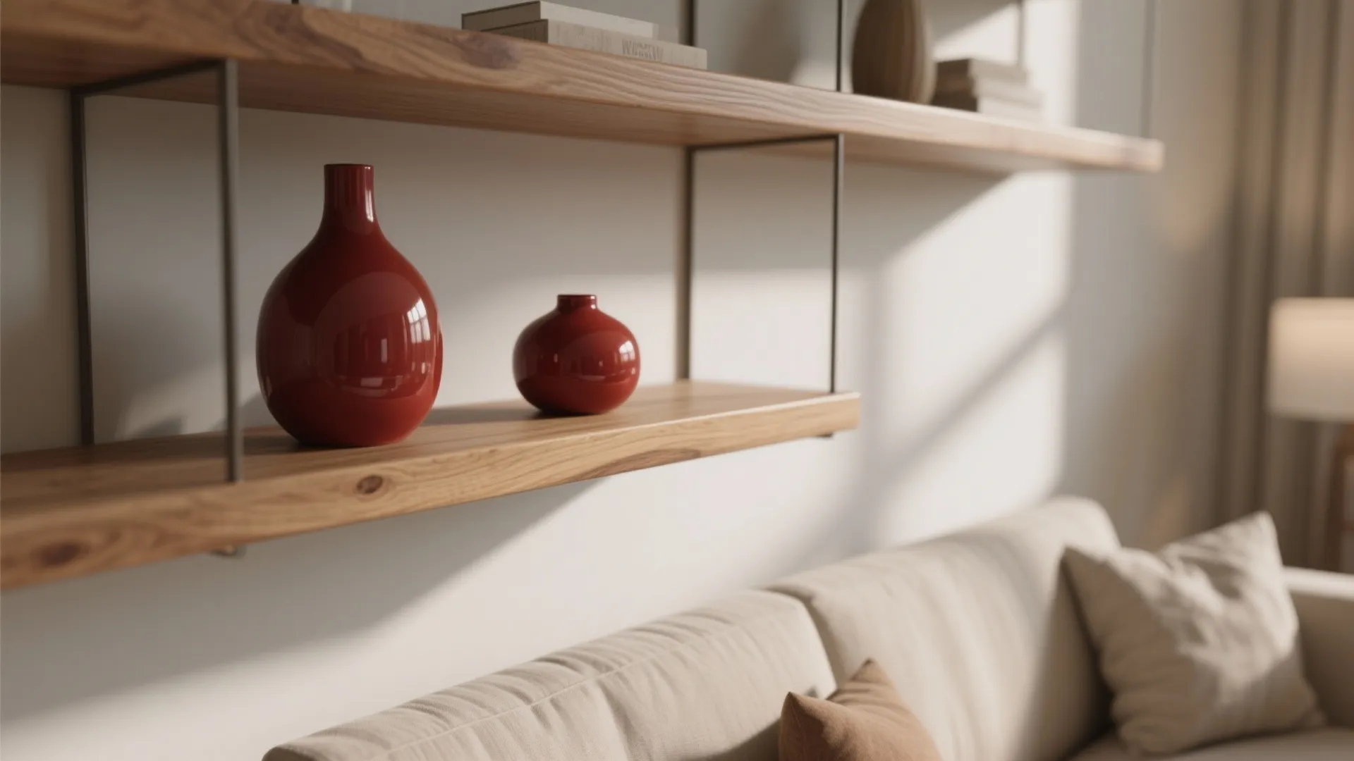 4. Wooden Shelving with Red Accents