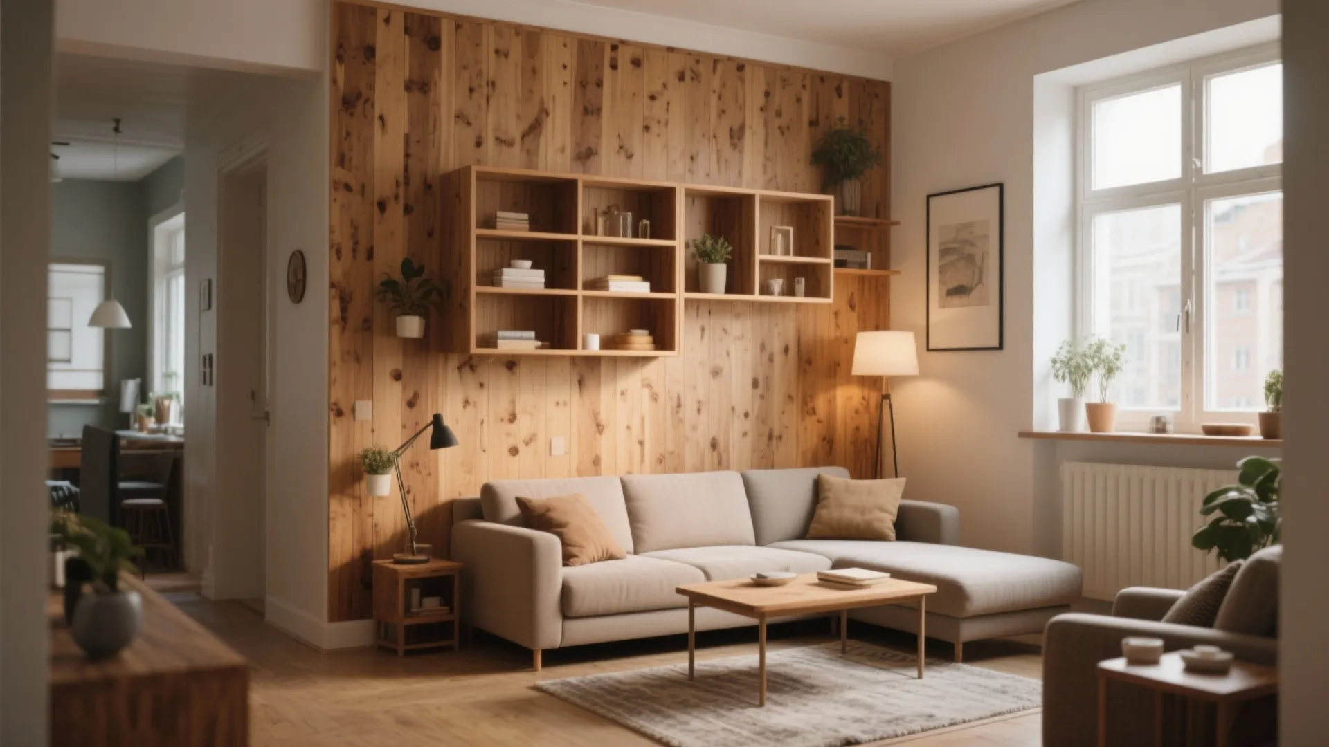 Modern living room featuring beige sofa wooden wall panel wall shelves floor lamp and table
