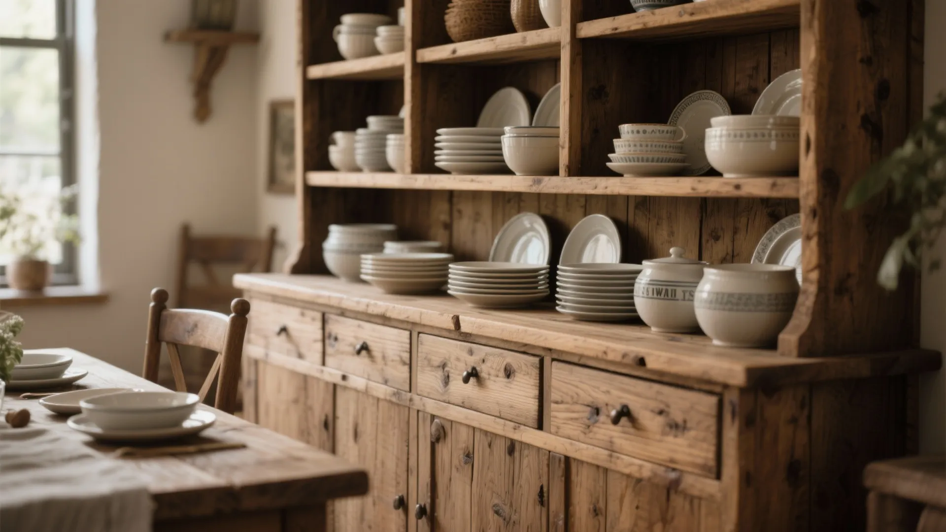 Rustic wooden cabinet with open shelves displaying ceramic plates and bowls in a farmhouse kitchen