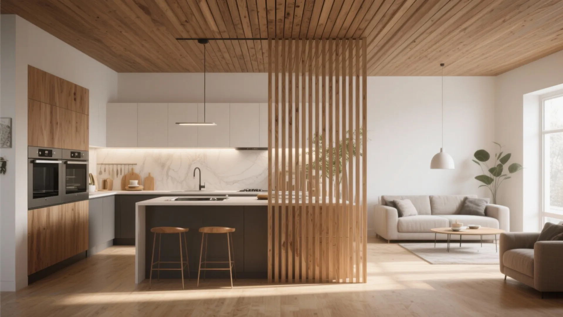 6. Ceiling-mounted Wooden Slats