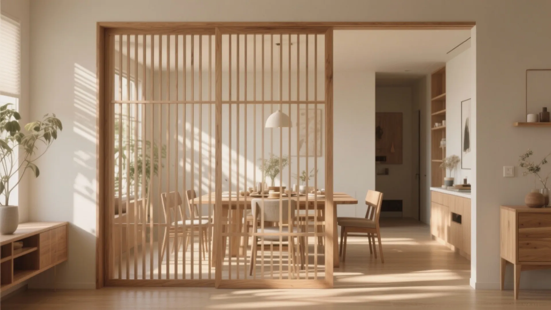 Dining room with a wooden slat divider separating the table and chairs from the hallway