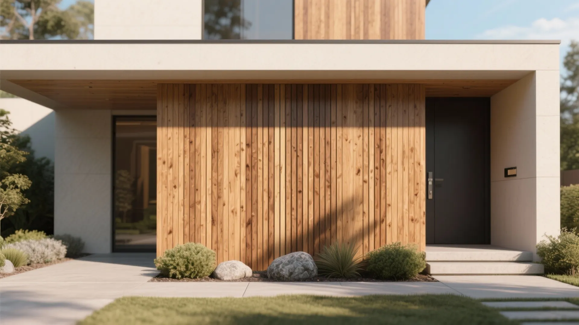 Modern house entrance featuring a vertical wood slat wall with small bushes and stone landscaping