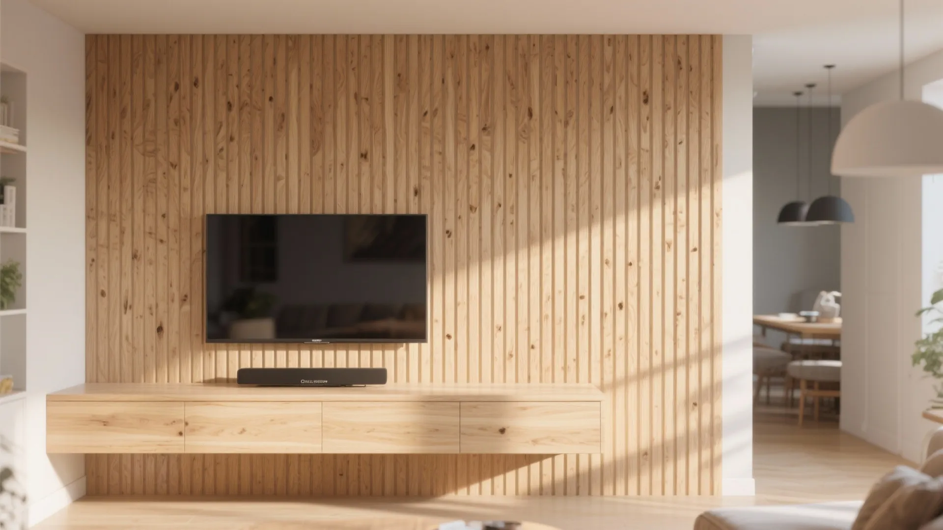 Close-up of oak wooden slat panel wall behind television