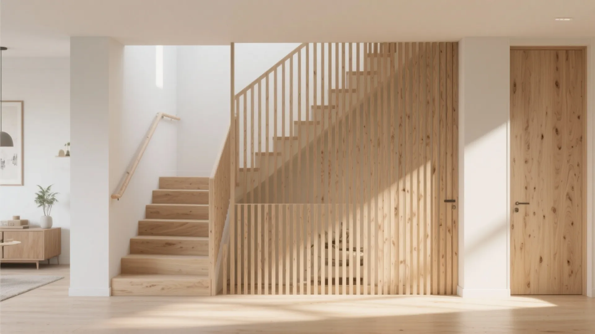 Minimalist wooden staircase featuring vertical slat wall design for privacy in a bright modern home