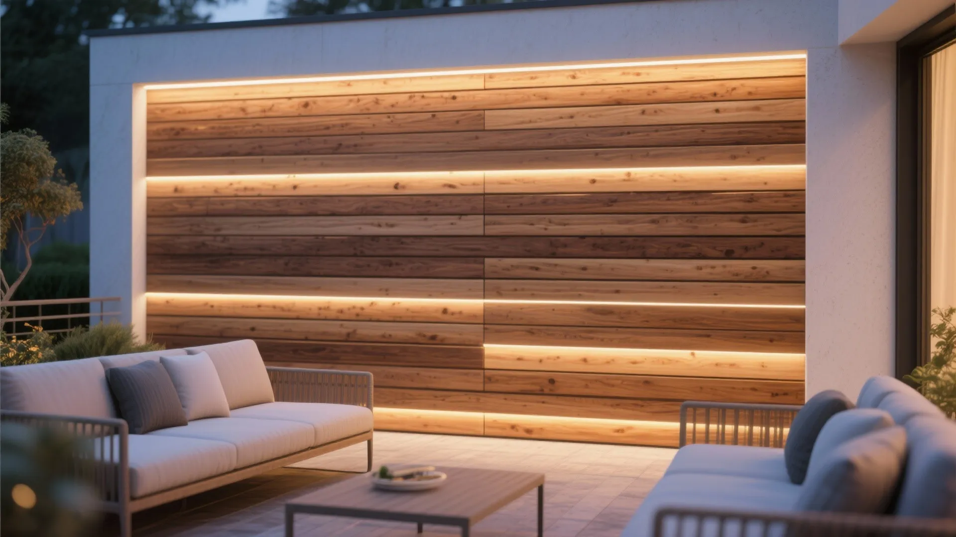 Terrace wall with warm cedar wooden slats and evening lighting