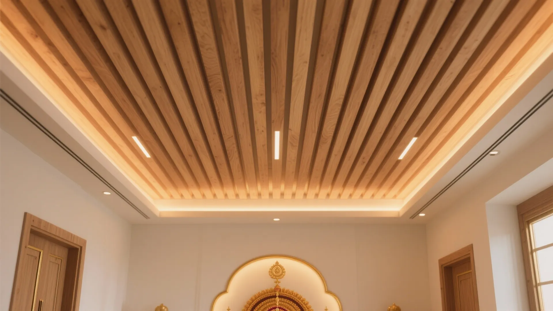 Modern ceiling with vertical wood panels and hidden strip lighting for a clean interior look