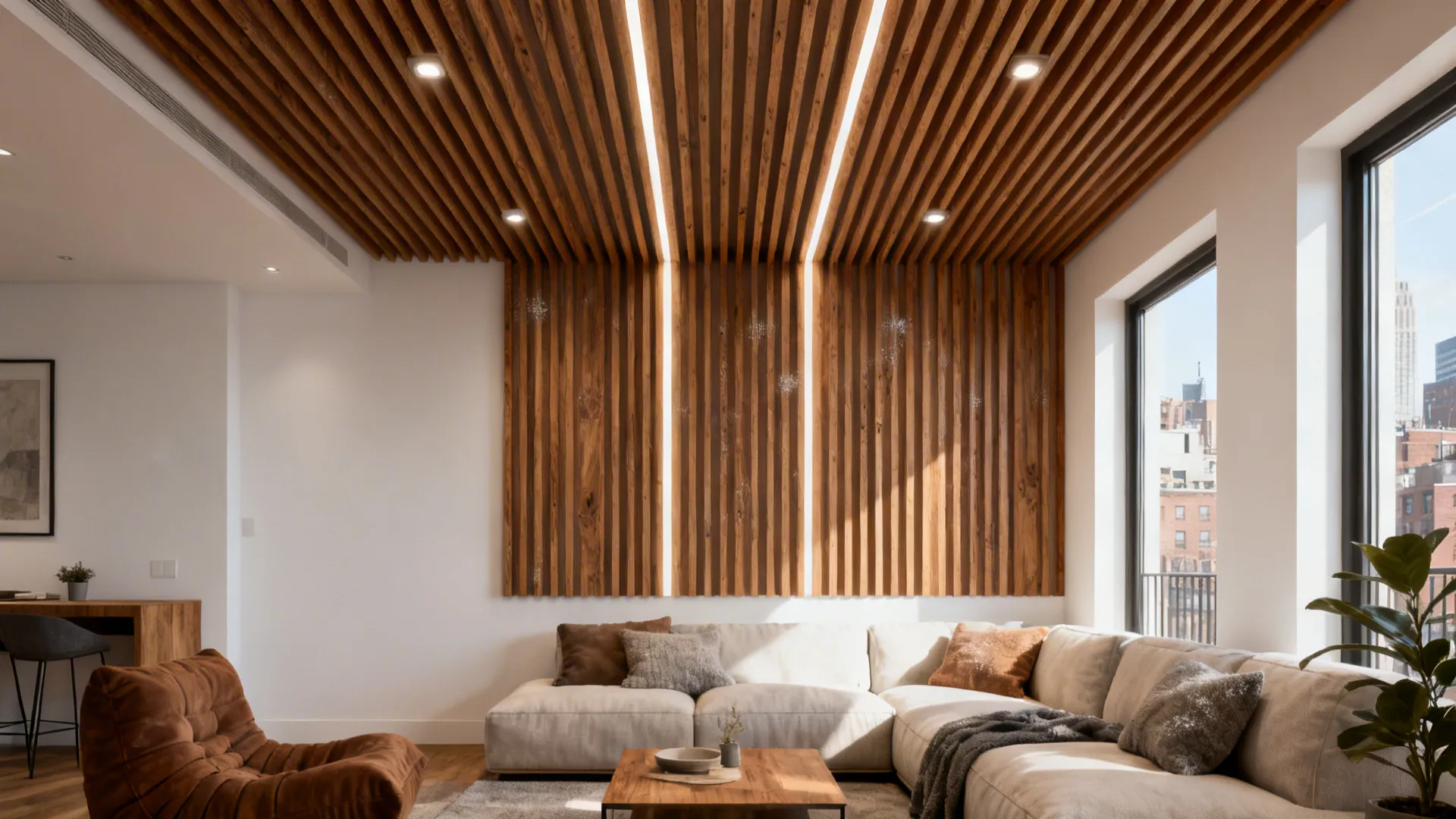 City apartment living room with warm wooden slat false ceiling and recessed lighting.