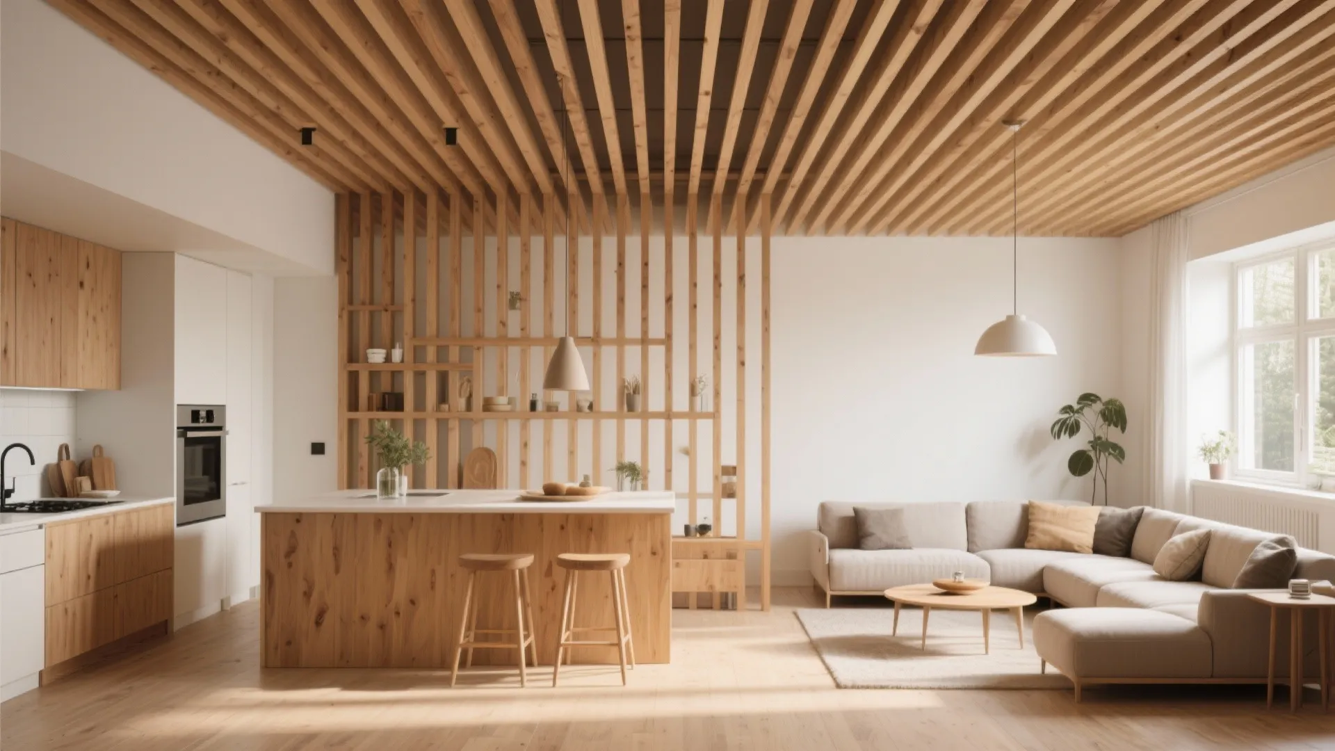 8. Ceiling-Mounted Wooden Slats