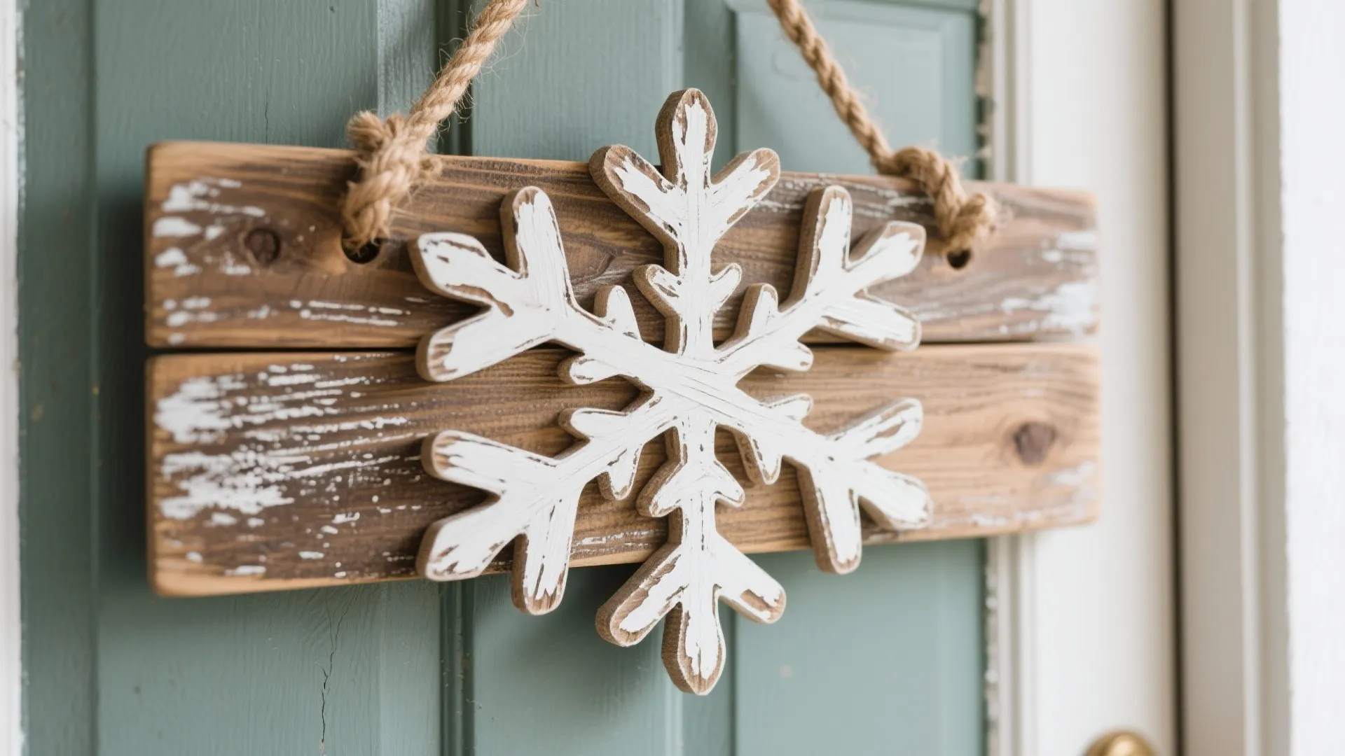 Rustic wooden snowflake plaque with distressed paint hanging on a front door