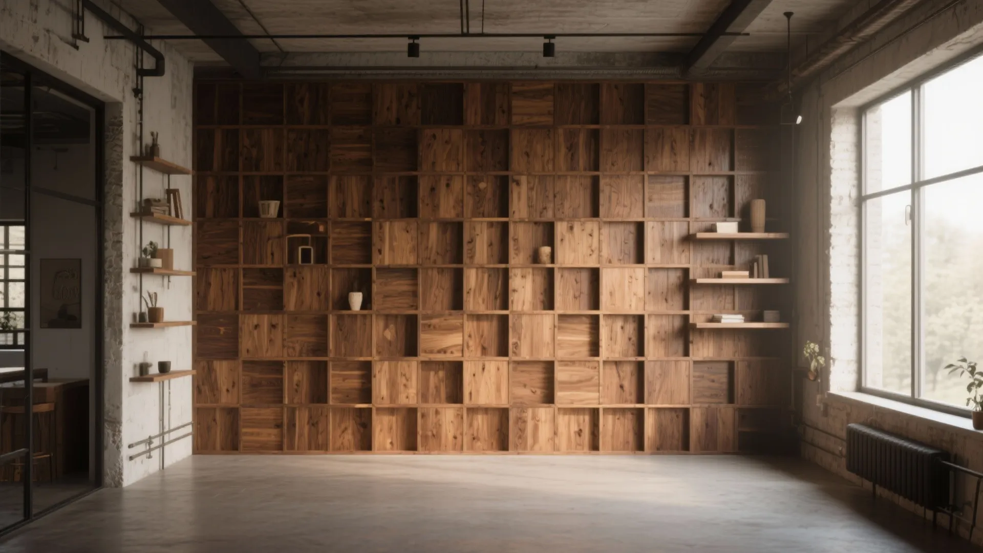 Industrial living room with large wooden wall cabinet grid system next to a large window