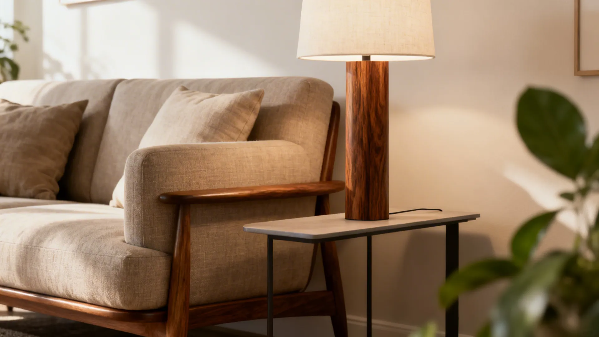 Wooden table lamp with cylindrical base on side table next to a soft beige sofa