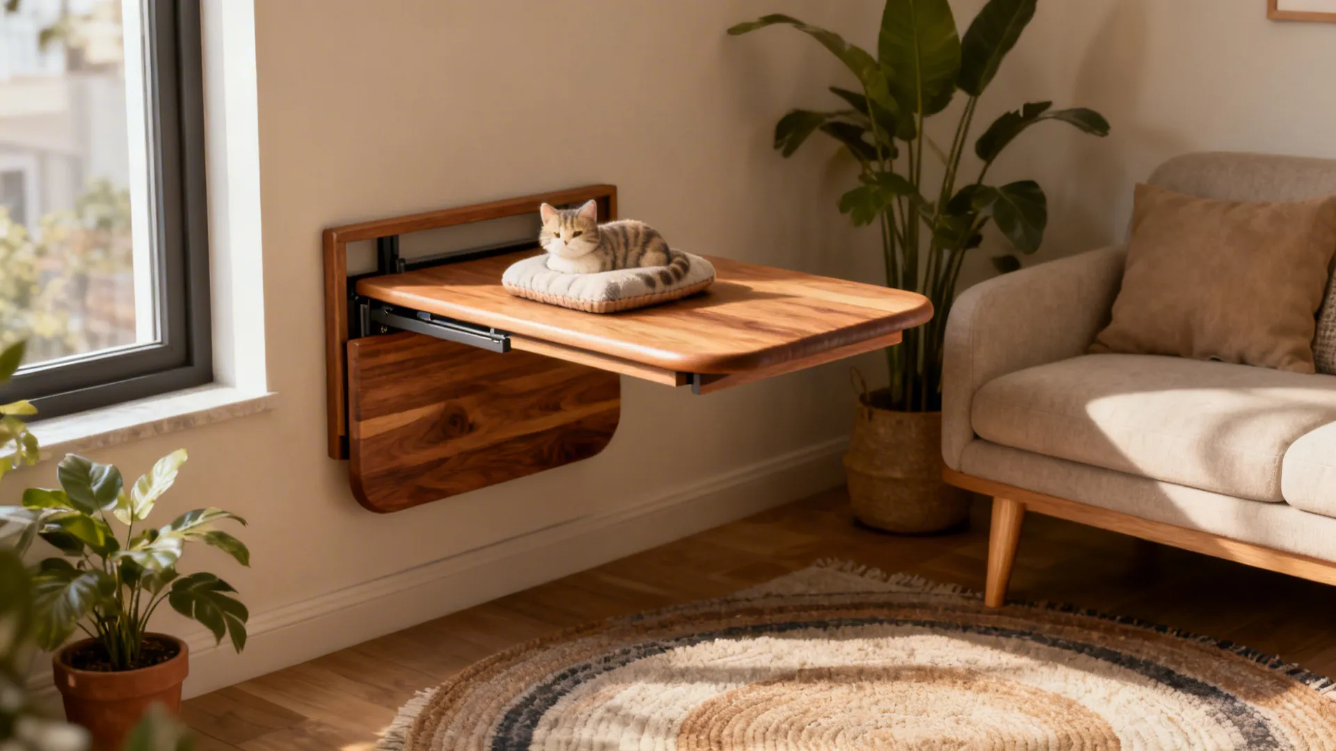 Wall mounted folding wooden table with a cat sitting on a cushion in a cozy room