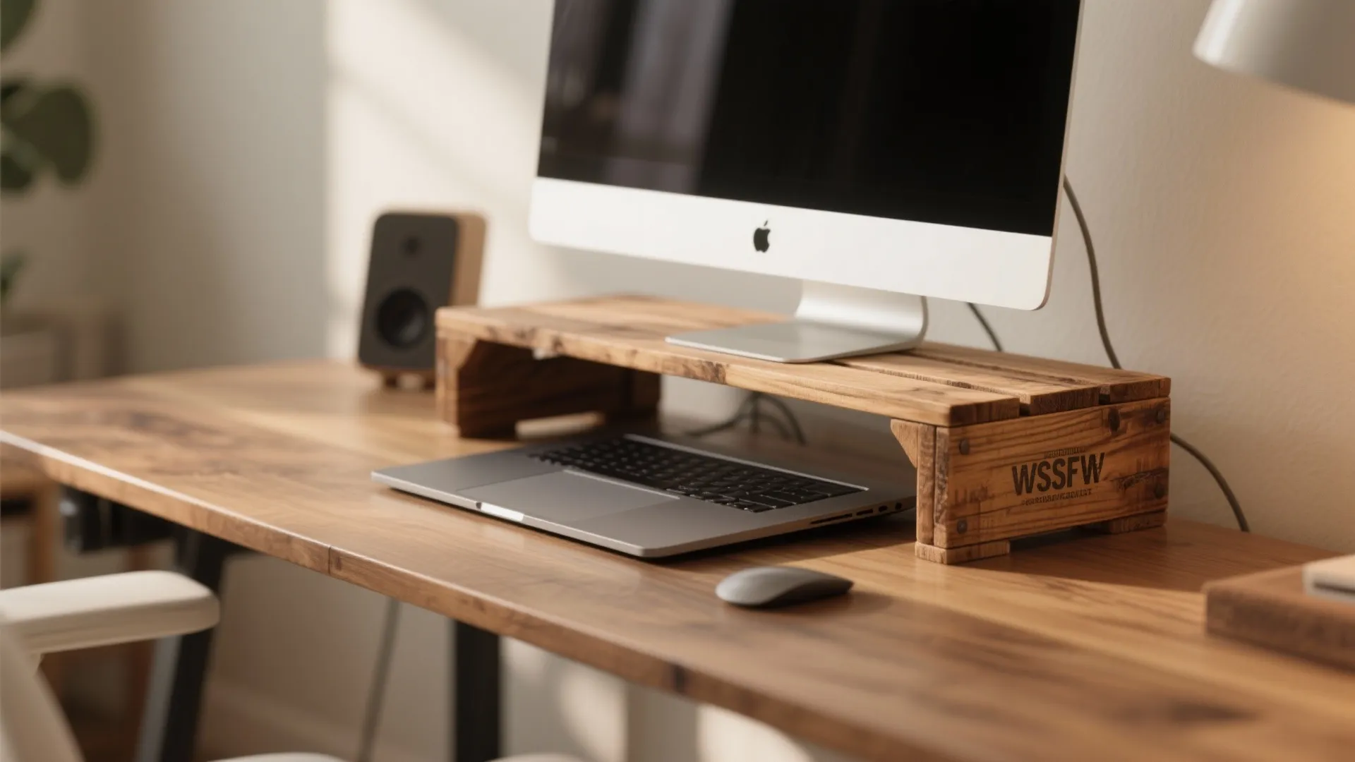 Wooden laptop riser and monitor stand on desk