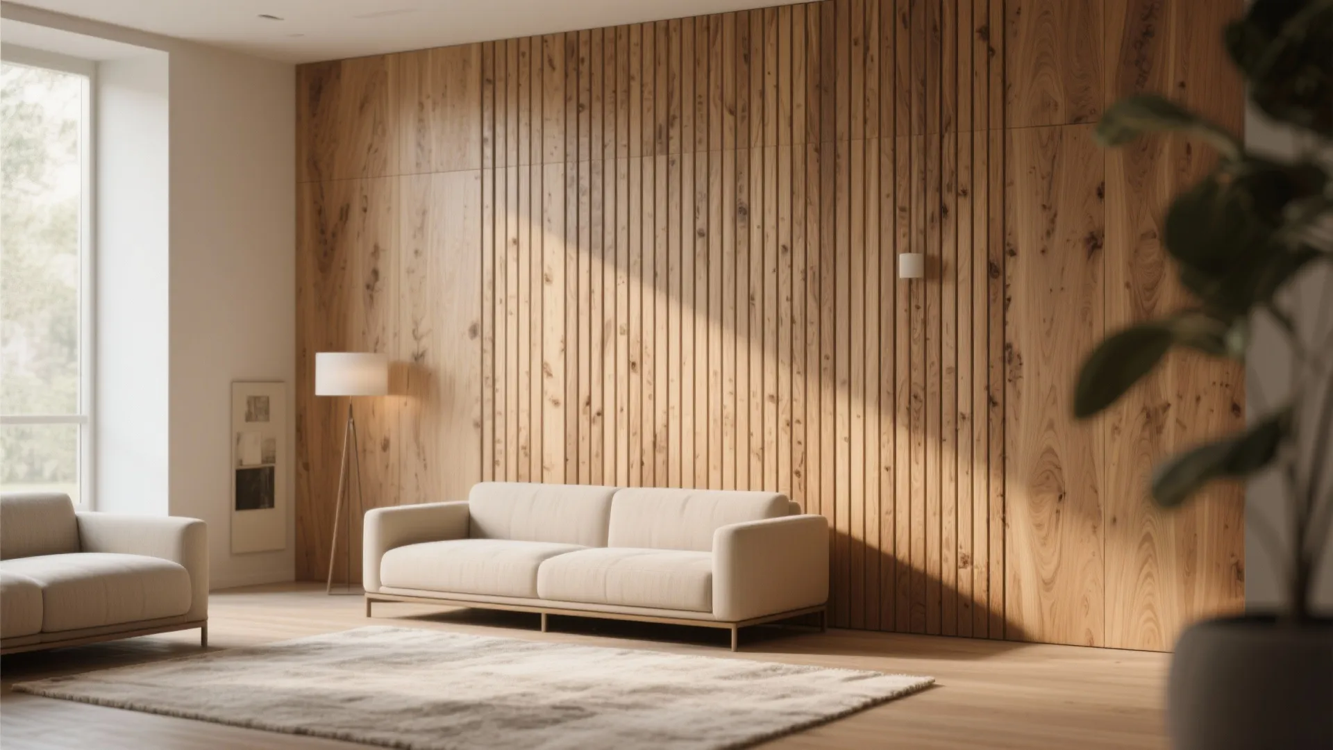 Vertical wooden slat wall panels adding depth to drawing room