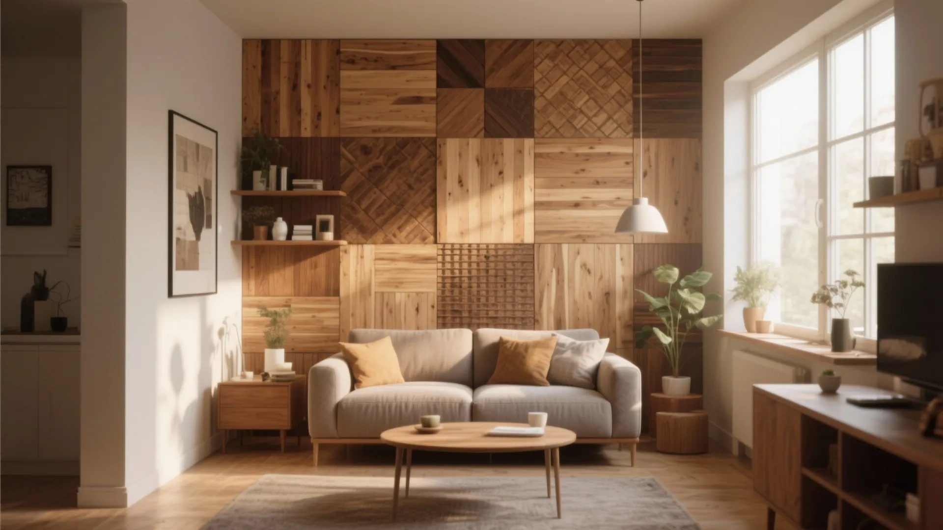 Modern living room featuring a grey sofa wooden wall panels coffee table and large bright window