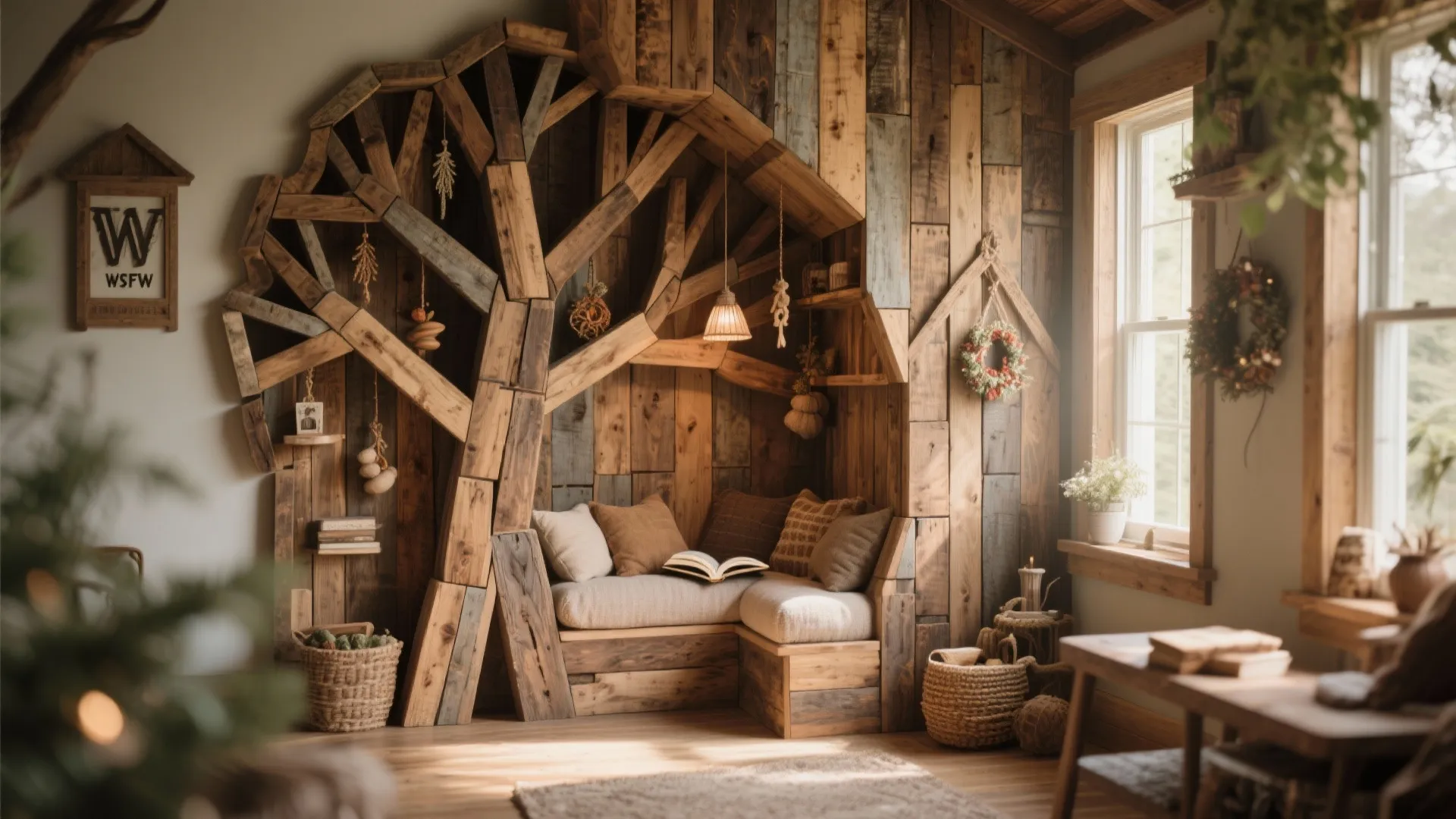 Cozy reading corner with wooden tree wall panels and soft cushions under a small light fixture