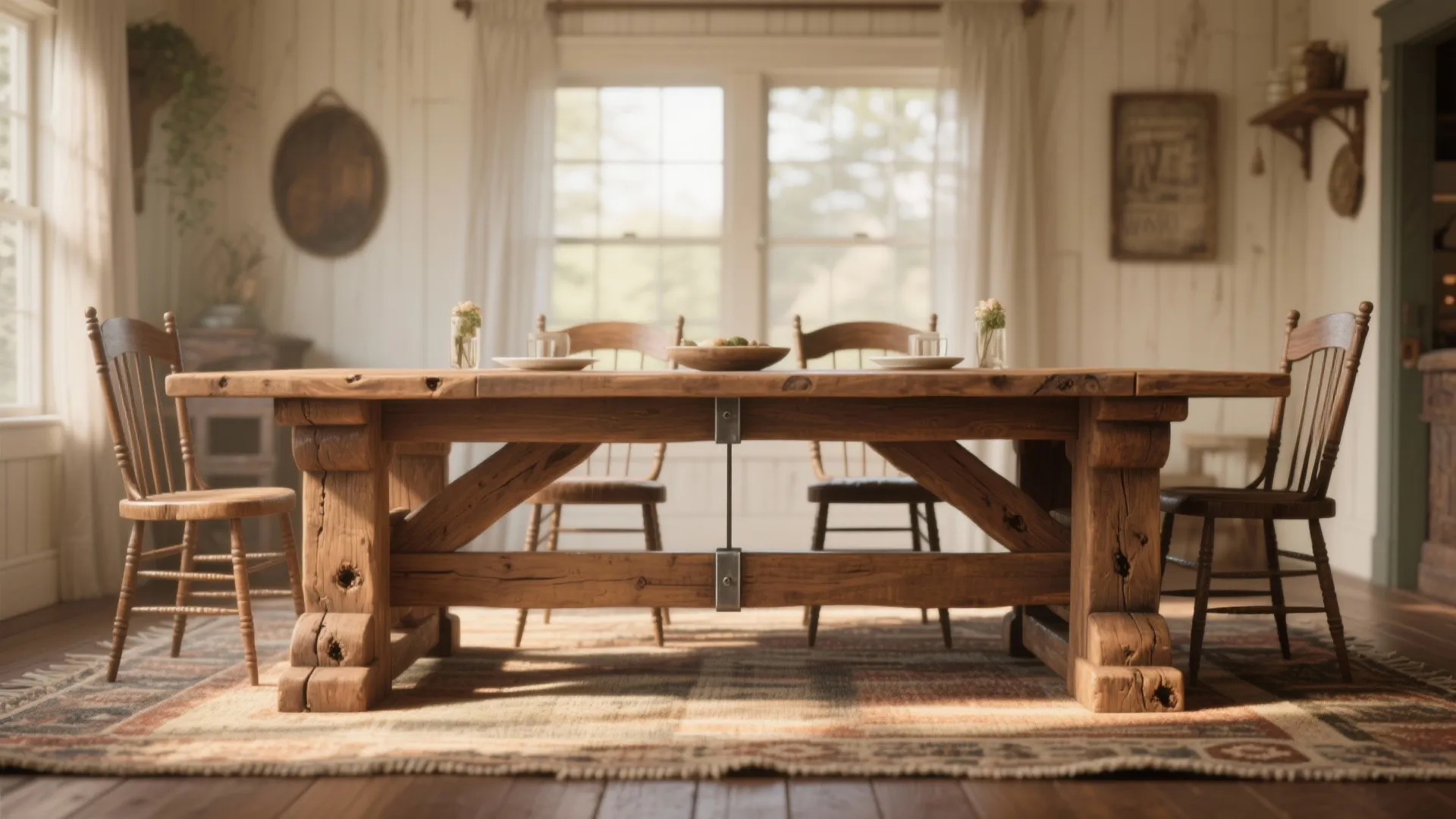 Rustic wooden dining table with wooden chairs on a rug near windows with white curtains