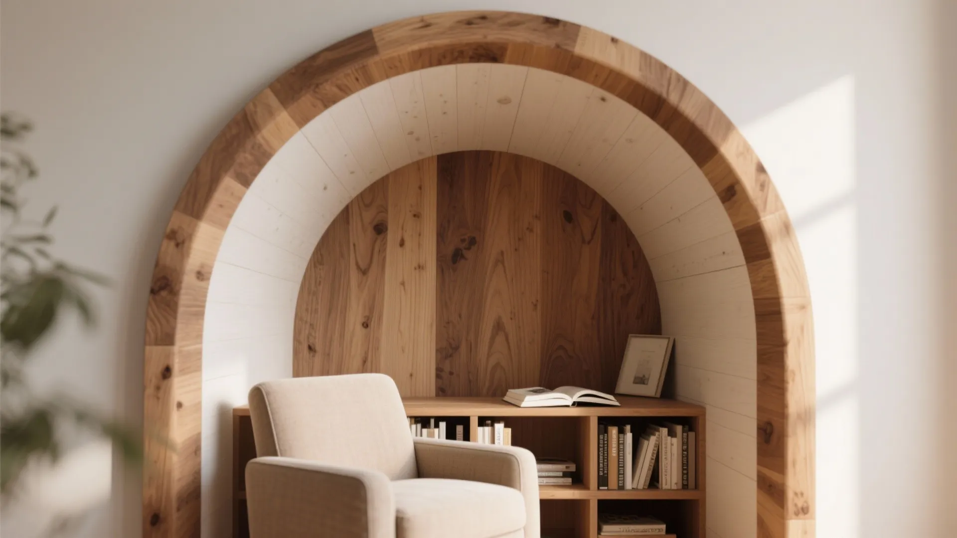 Wooden arched wall feature with a beige armchair and books on a small wooden shelf