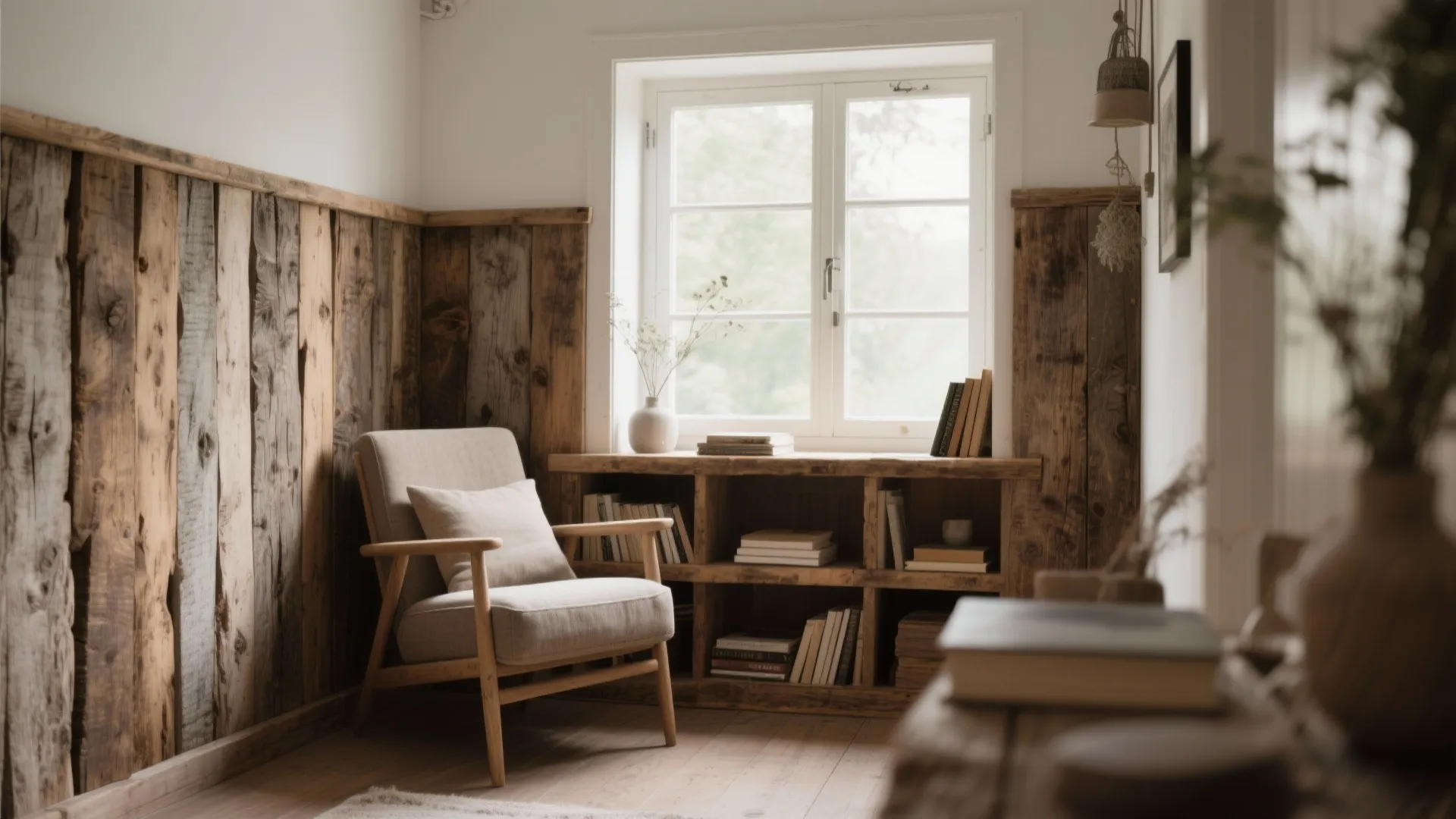 Cozy reading corner with grey chair wood wall panel bookshelf white window and natural light