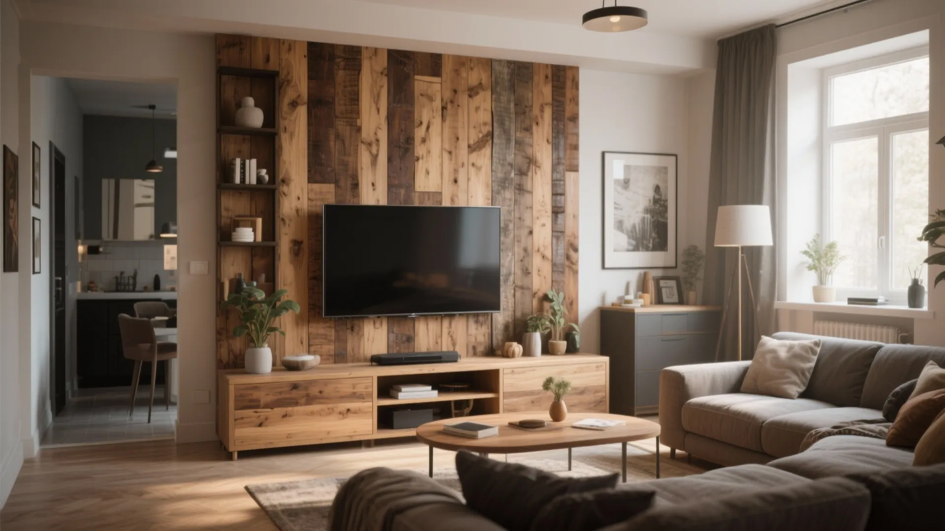 Cozy interior design with dark wood wall paneling plus a grey sofa and wooden cabinet