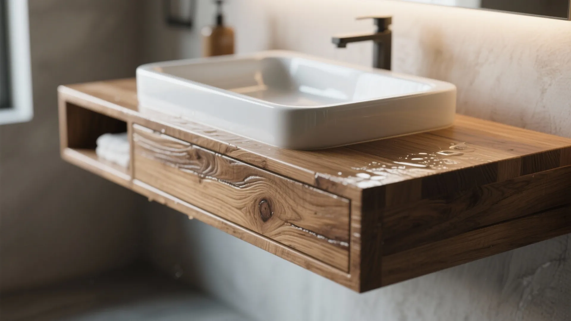 Close up of a white bathroom sink on a wooden floating cabinet with water drops