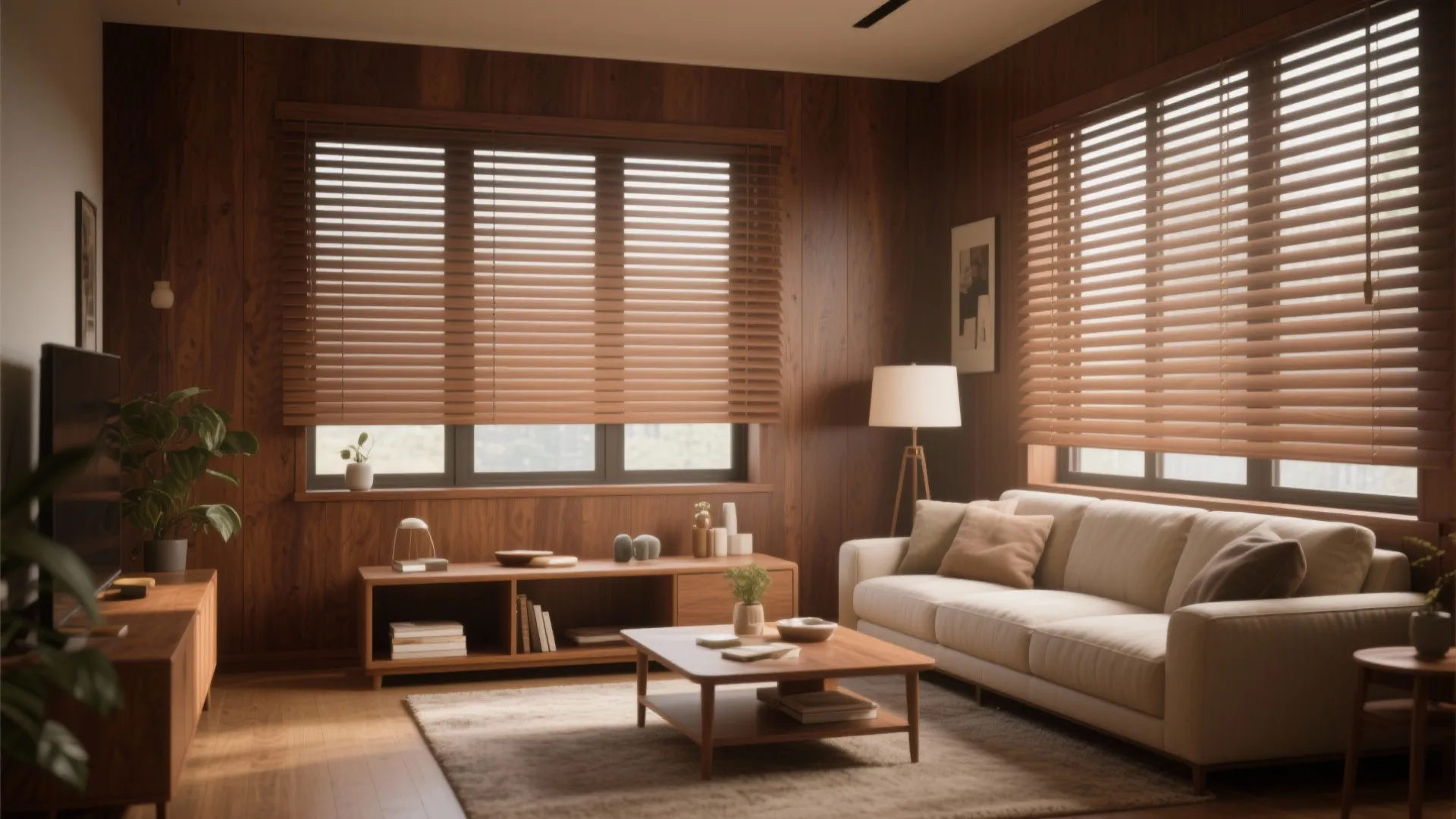 Walnut wooden venetian blinds adding warmth to the living room