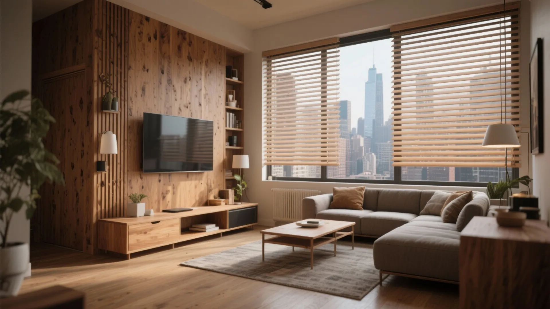 Urban apartment living room with wide wooden Venetian blinds