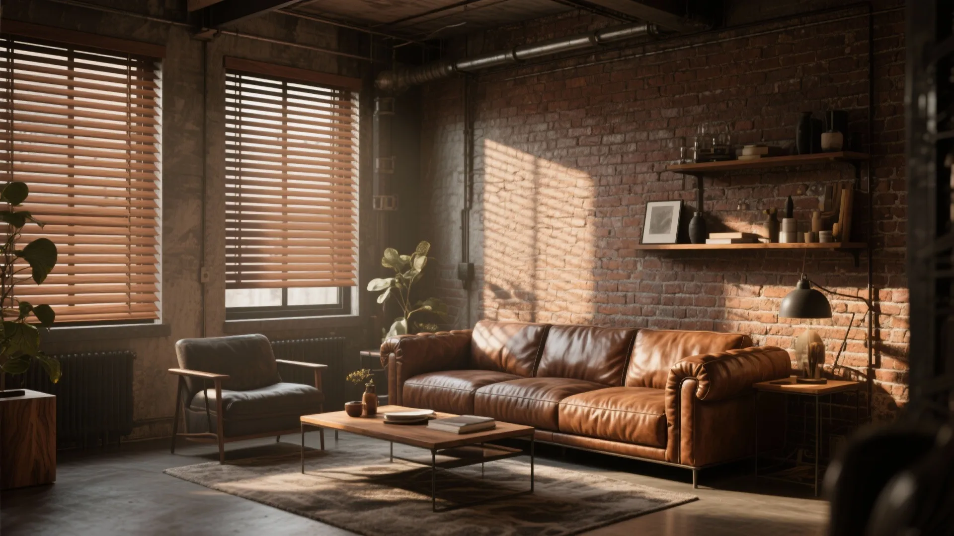 Loft living room with walnut wooden venetian blinds and leather sofa