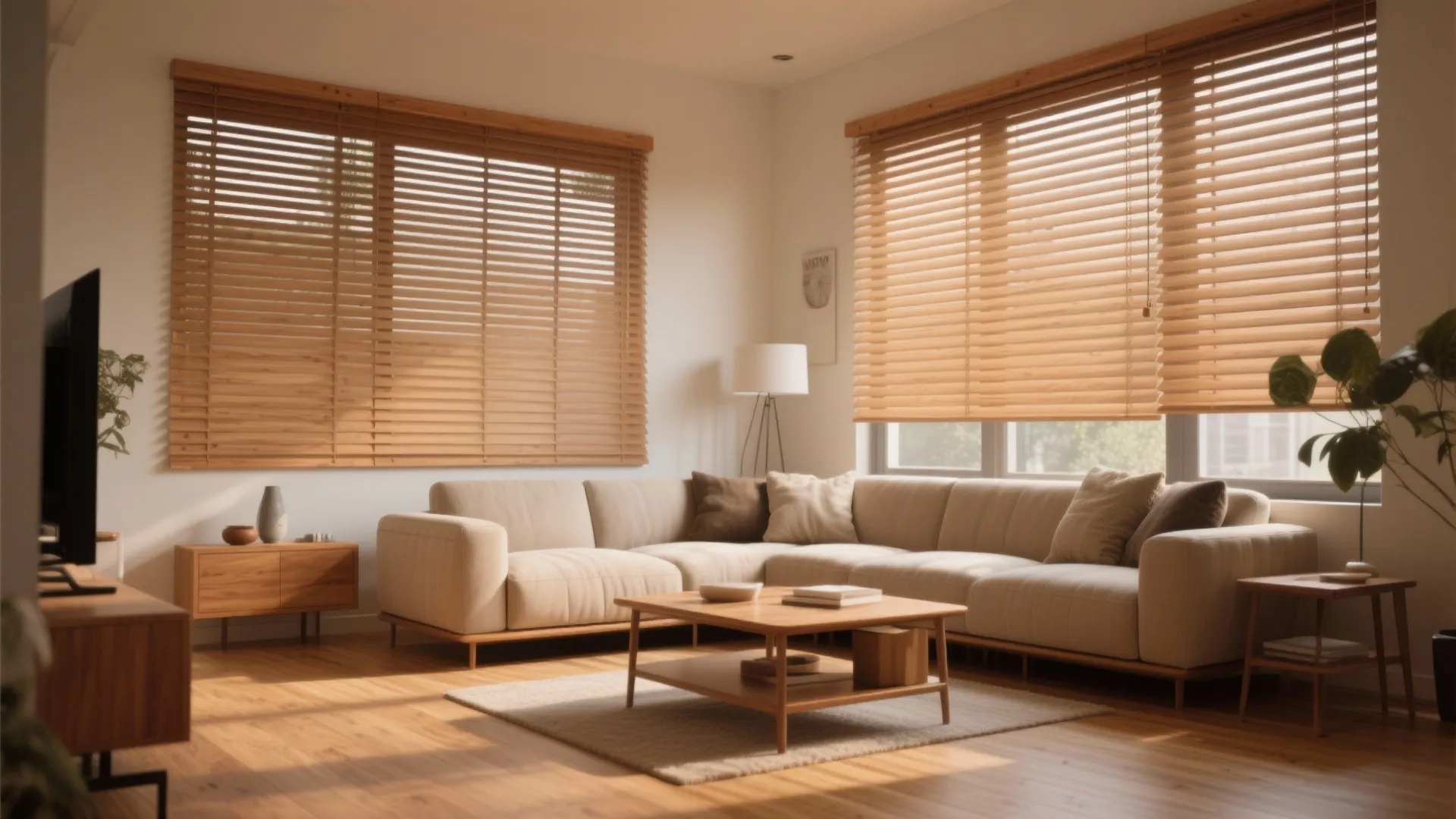 Living room with warm timber venetian blinds and natural light