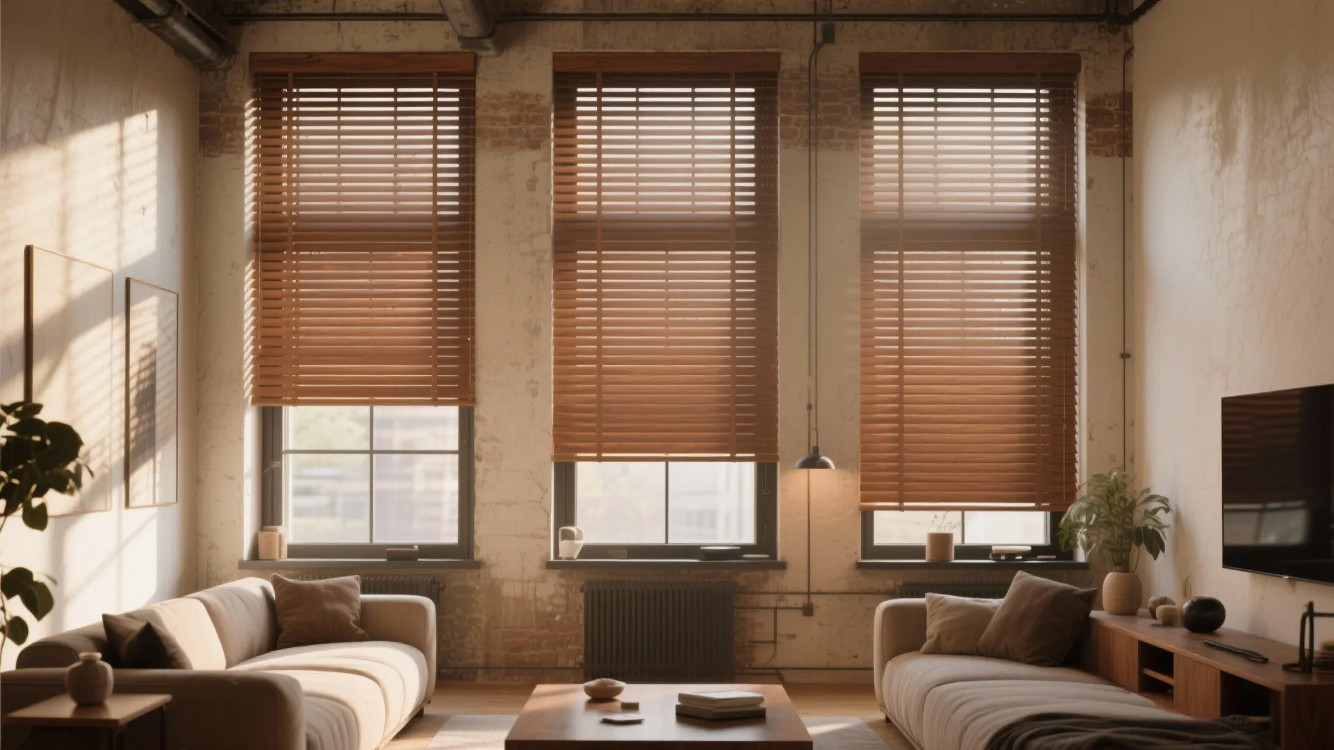 Loft living room with walnut Venetian blinds and warm walls