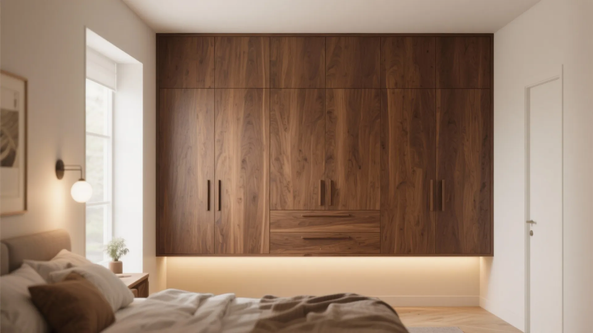 Large wooden cabinet mounted on a bedroom wall with warm light underneath and white walls
